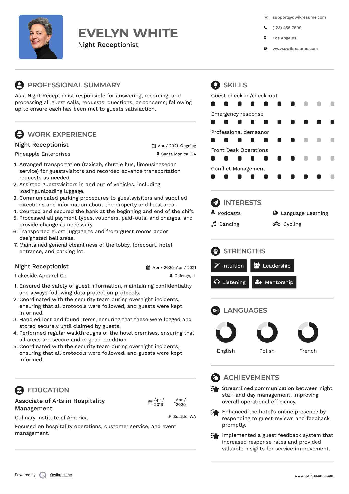 Night Receptionist Resume Template