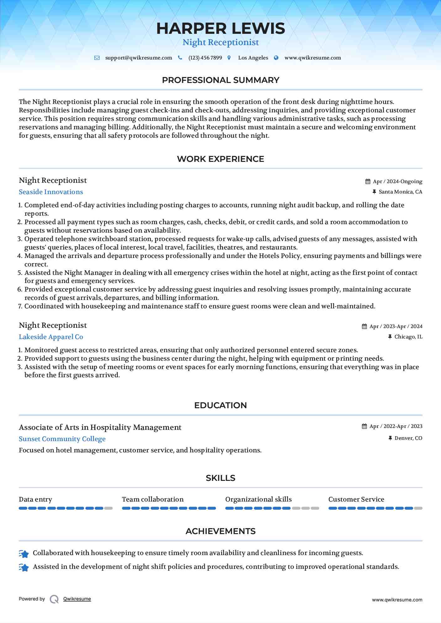 Night Receptionist Resume Sample
