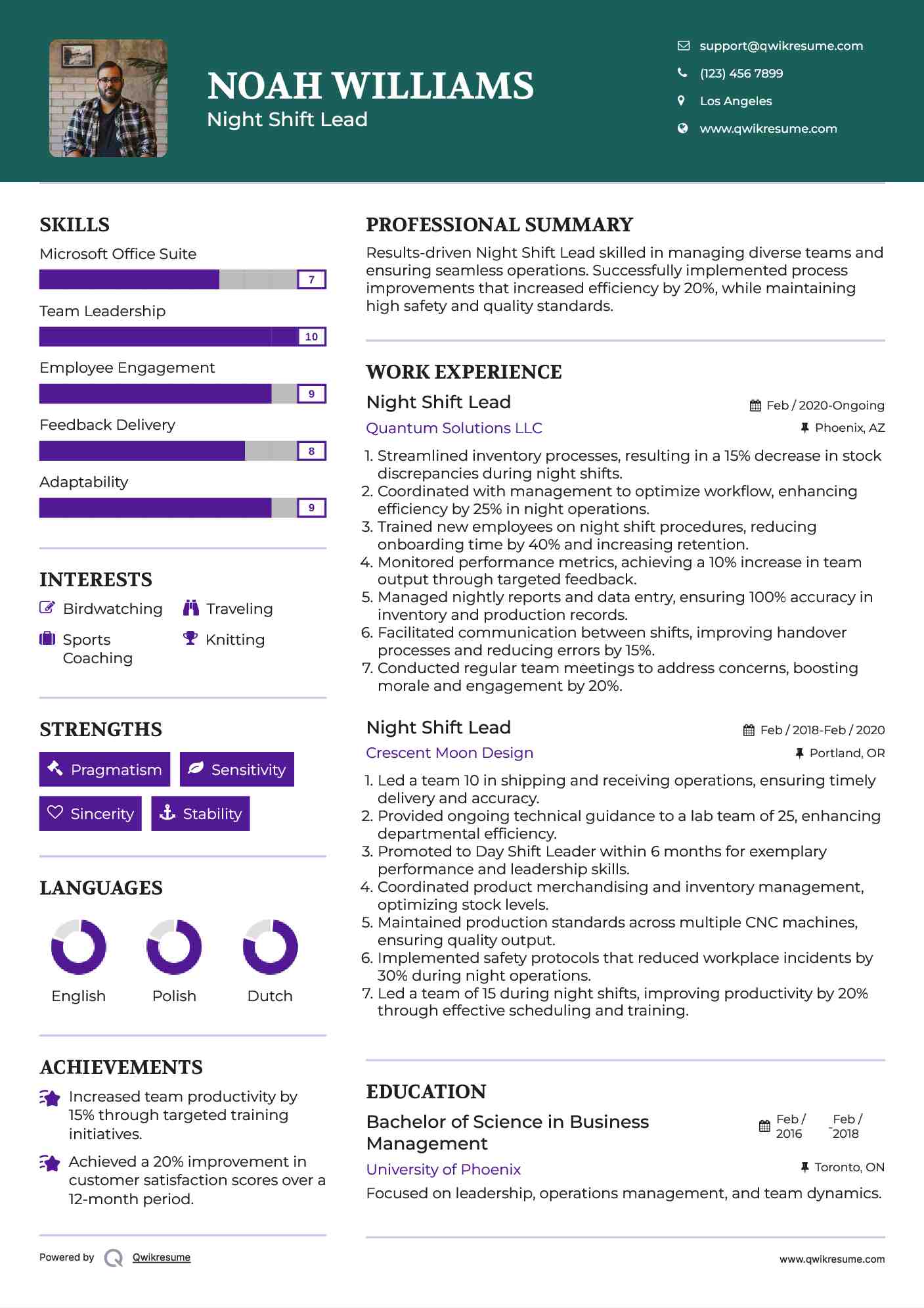 Night Shift Lead Resume Model