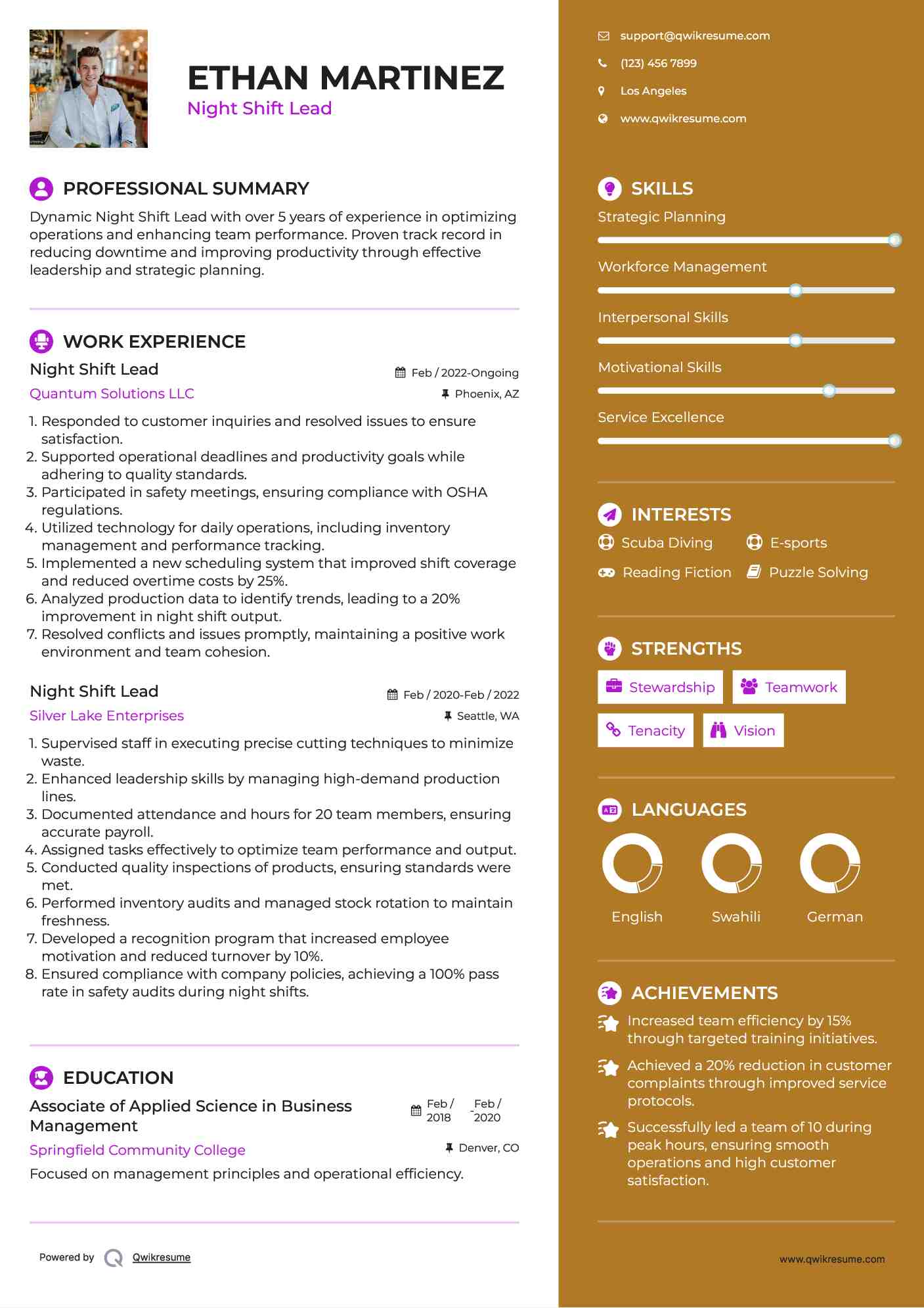 Night Shift Lead Resume Sample