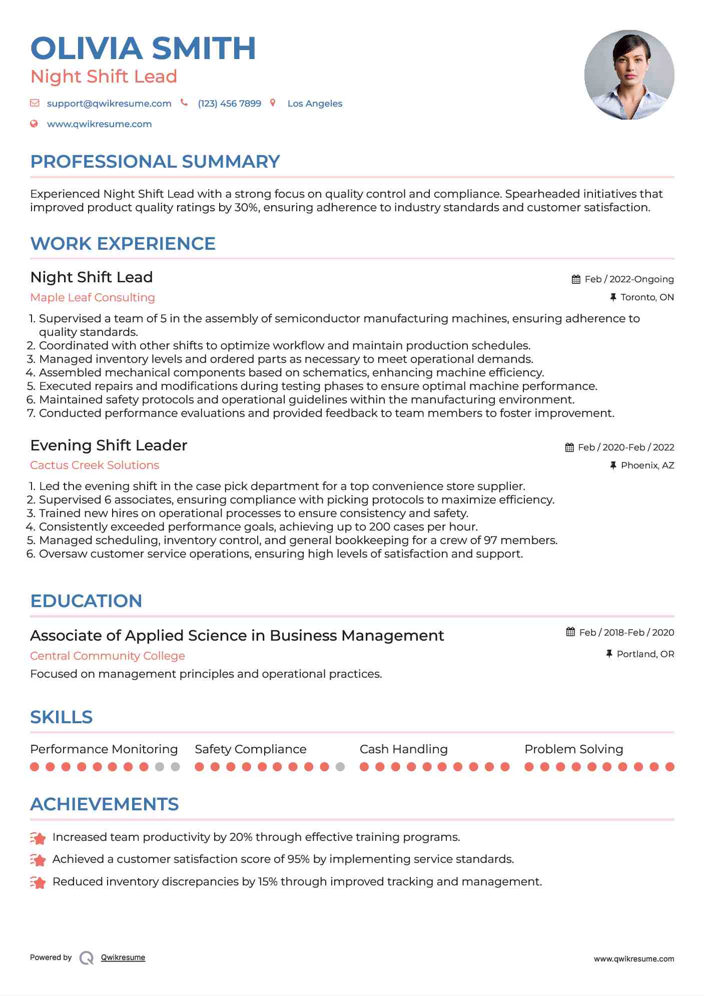 Night Shift Lead Resume Example