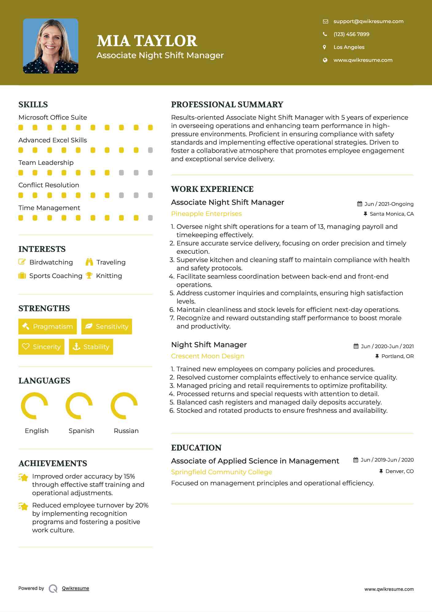 Associate Night Shift Manager Resume Template