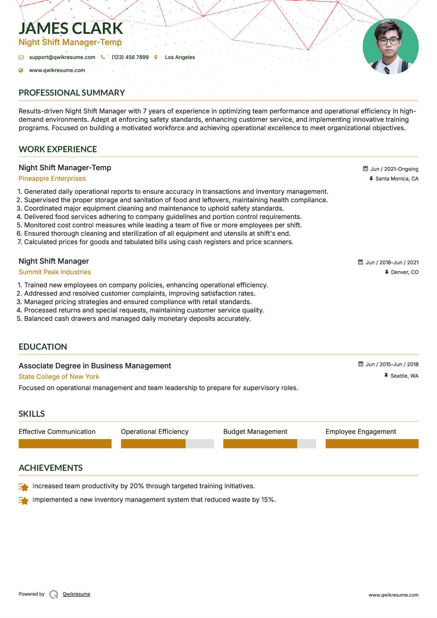 Night Shift Manager-Temp Resume Template