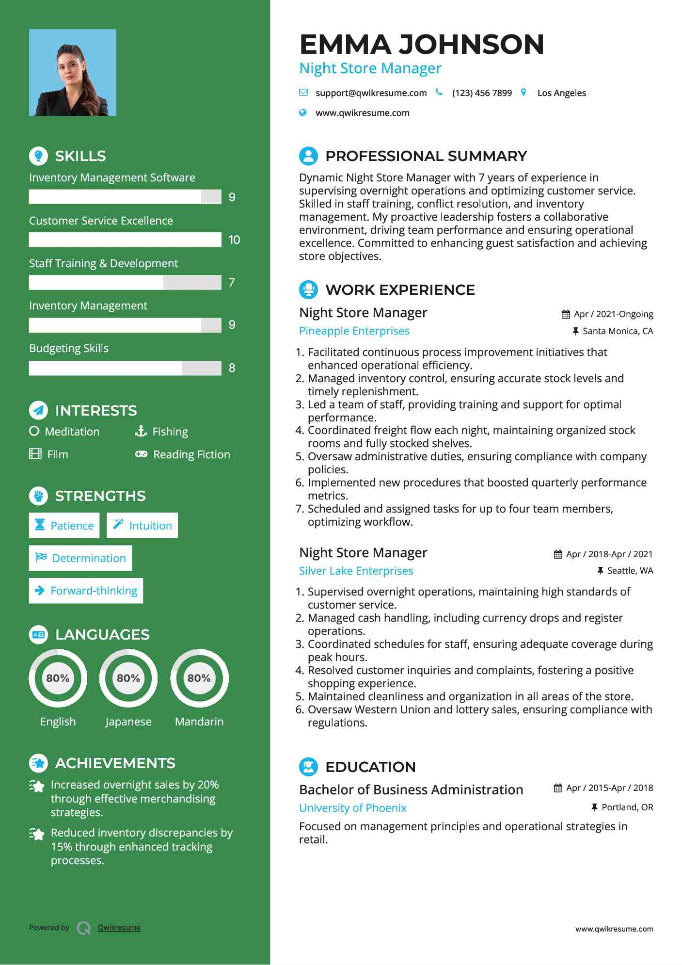 Night Store Manager Resume Model