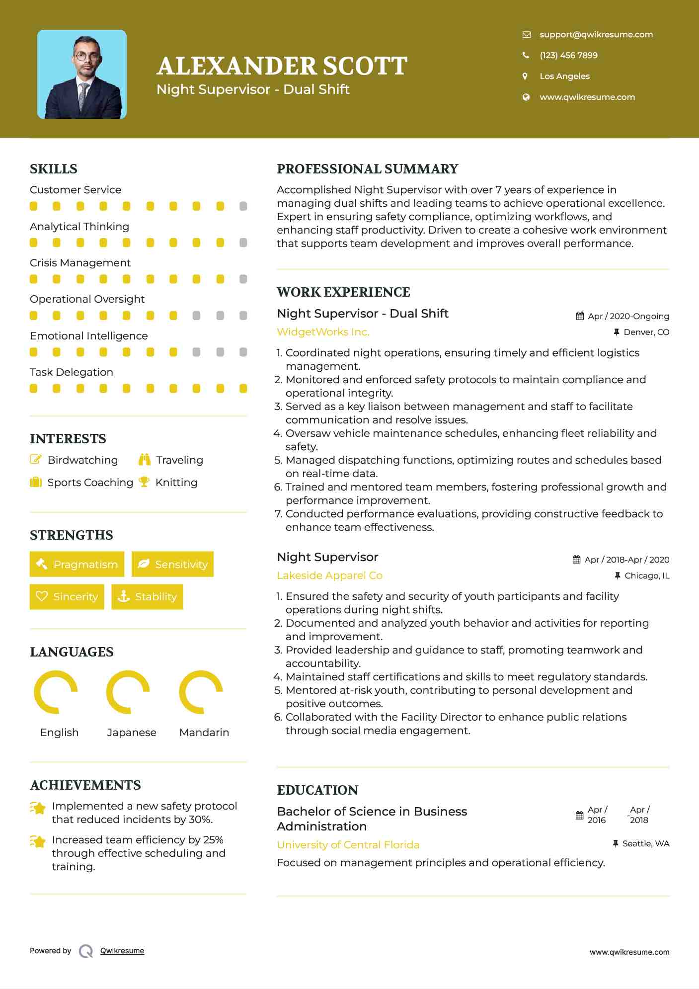 Night Supervisor - Dual Shift Resume Model