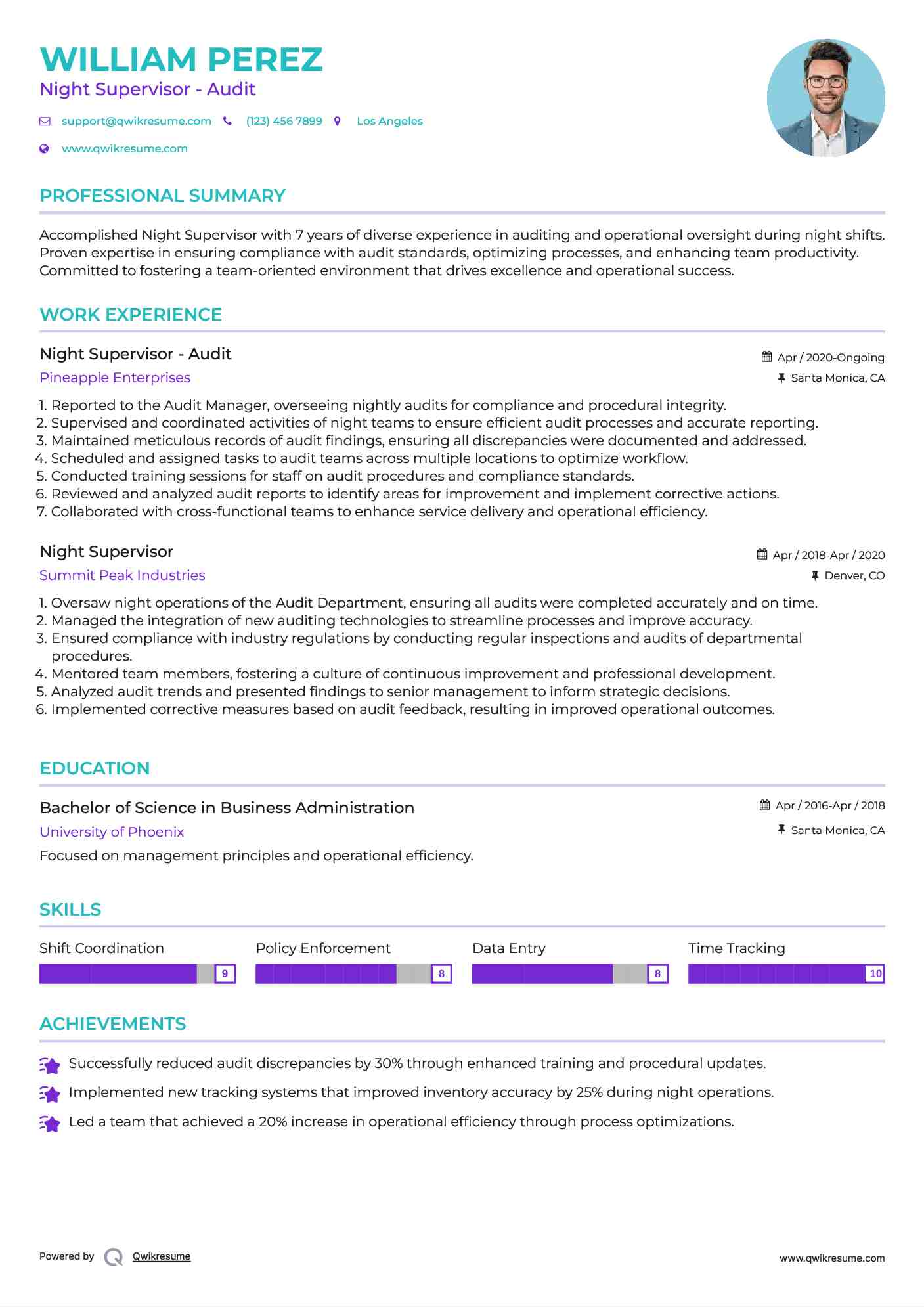 Night Supervisor - Audit Resume Example