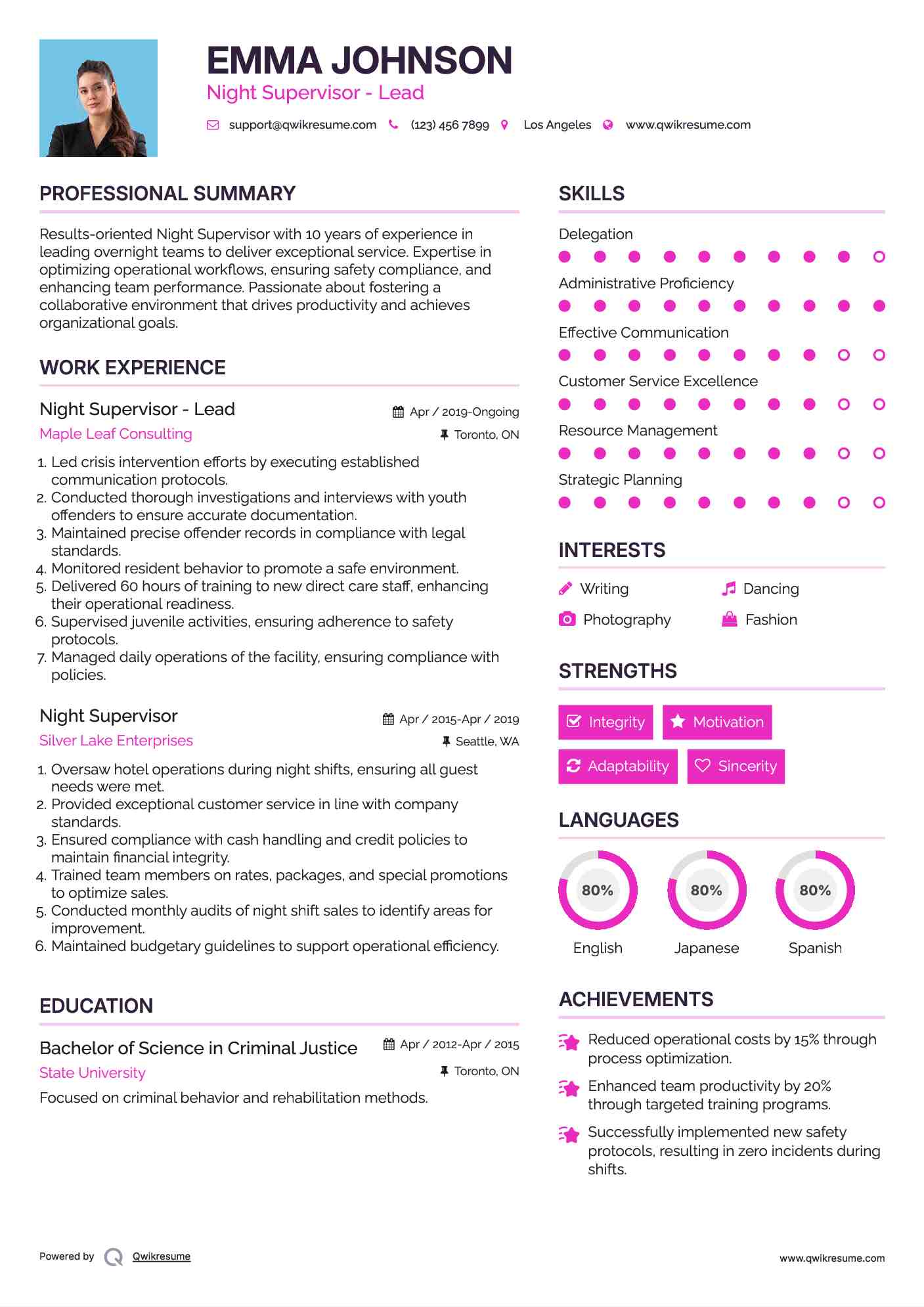 Night Supervisor - Lead Resume Format