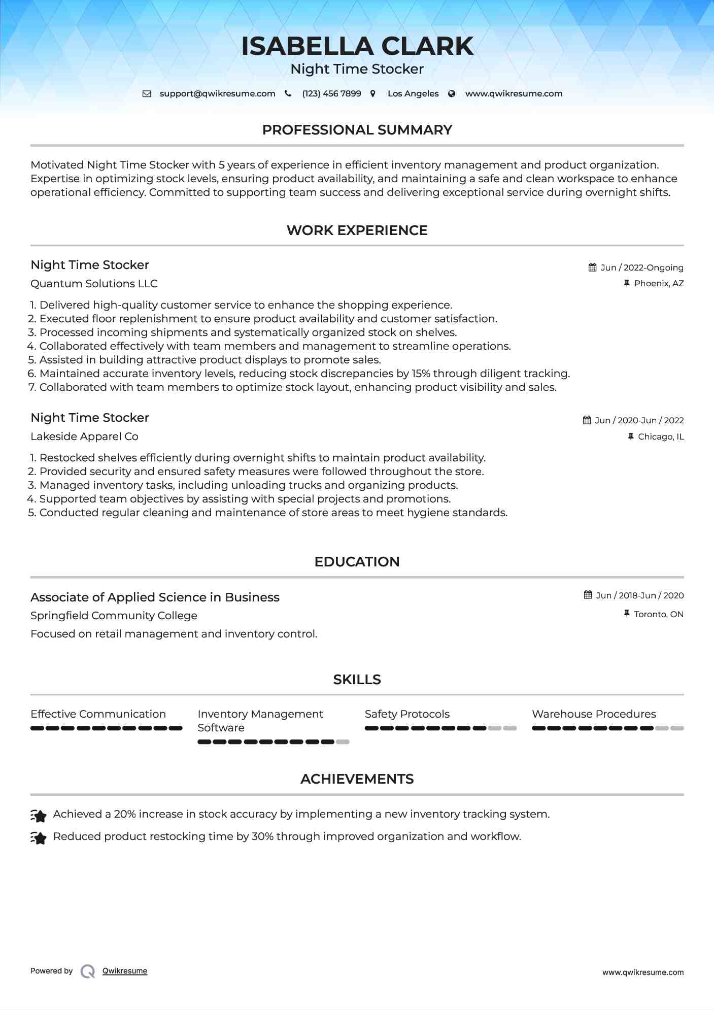 Night Time Stocker Resume Example