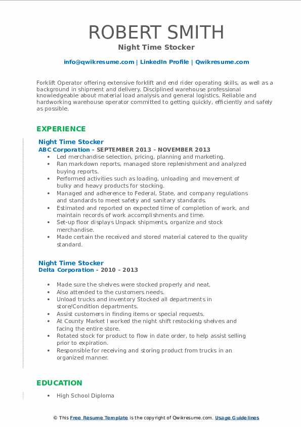 Night Time Stocker Resume Samples QwikResume