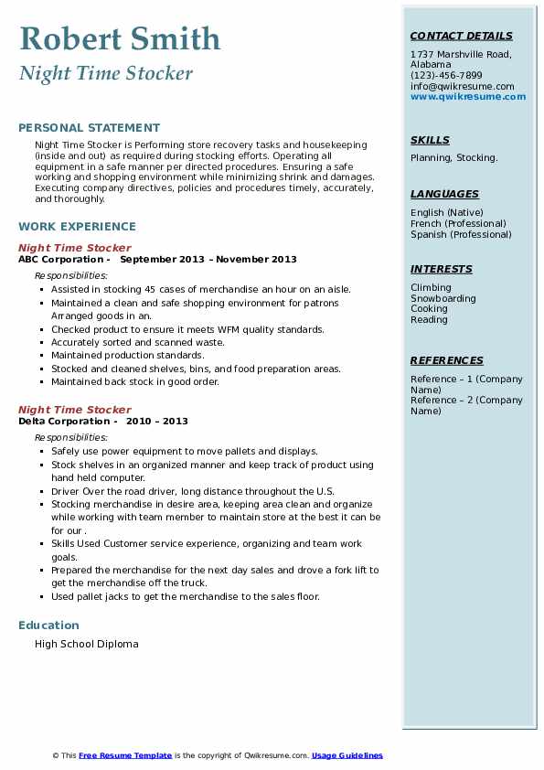 Night Time Stocker Resume Samples QwikResume