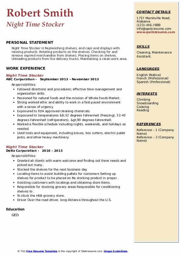 Night Time Stocker Resume Samples QwikResume