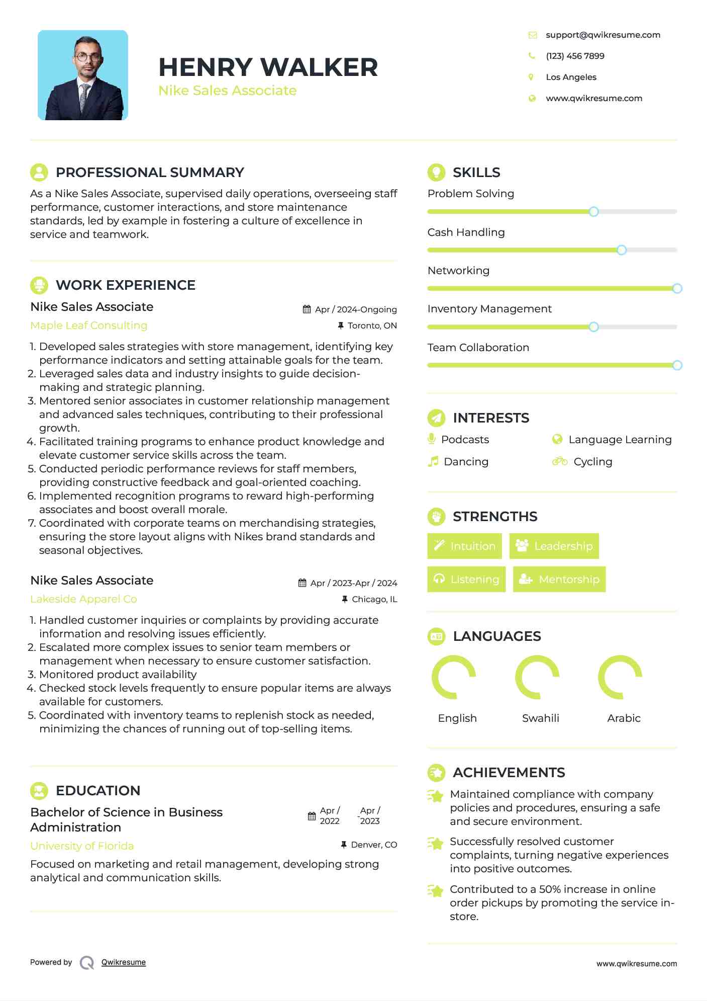 Nike Sales Associate Resume Example