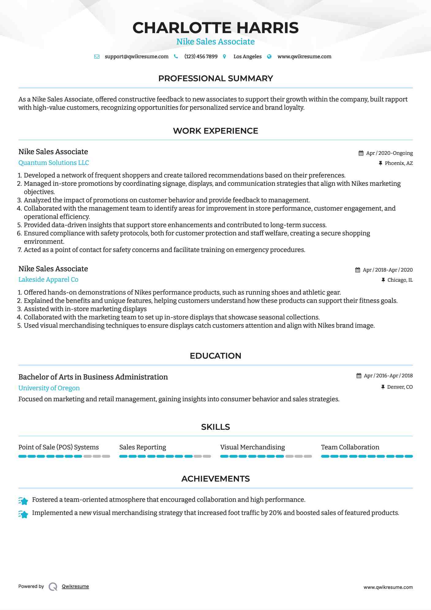 Nike Sales Associate Resume Model