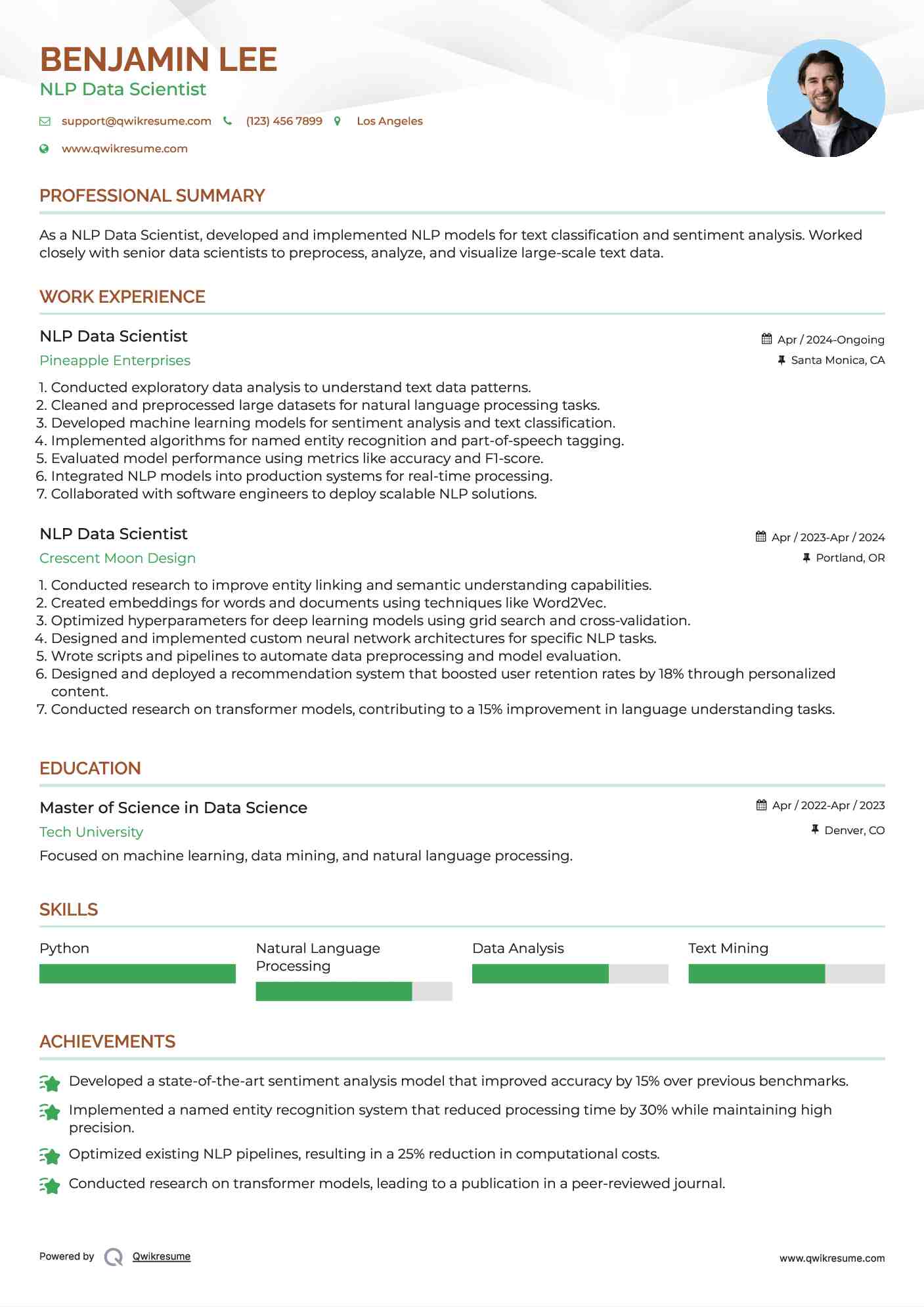 NLP Data Scientist Resume Example