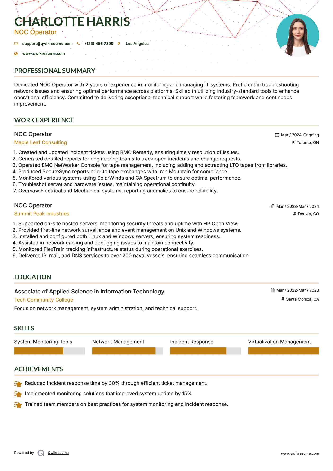NOC Operator Resume Template