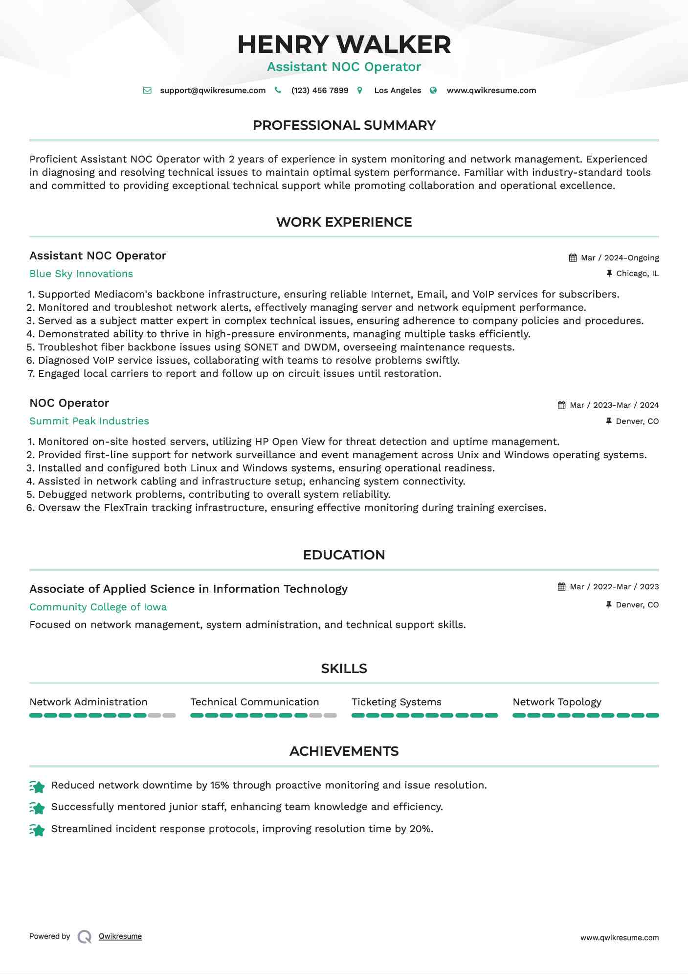 Assistant NOC Operator Resume Format