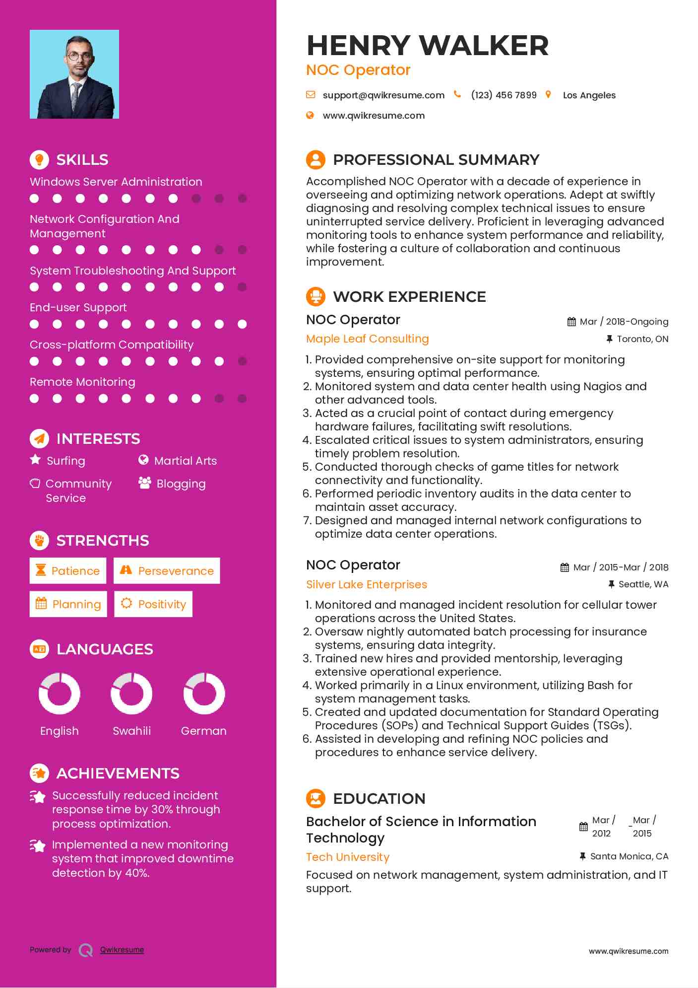 NOC Operator Resume Example