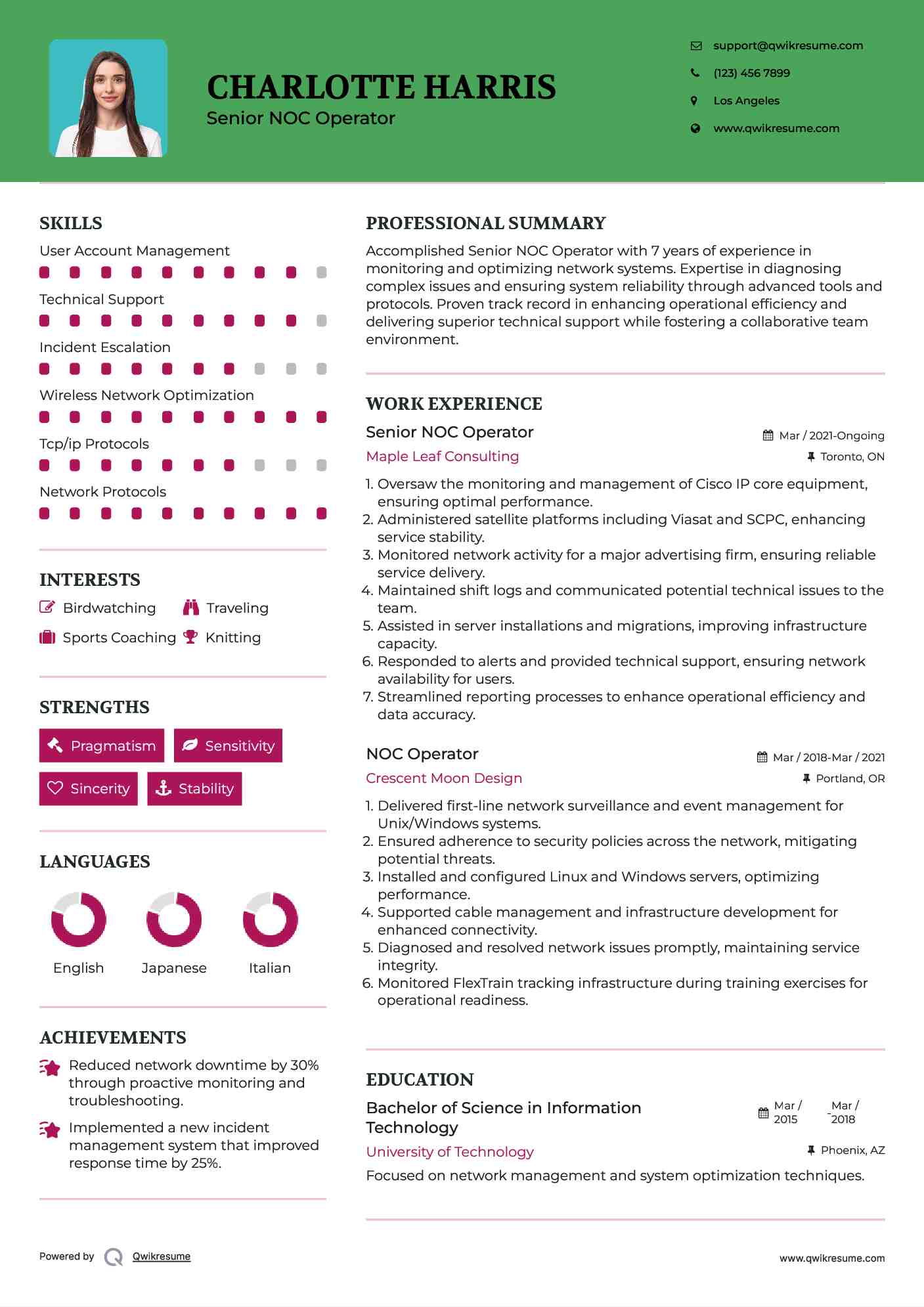 Senior NOC Operator Resume Template