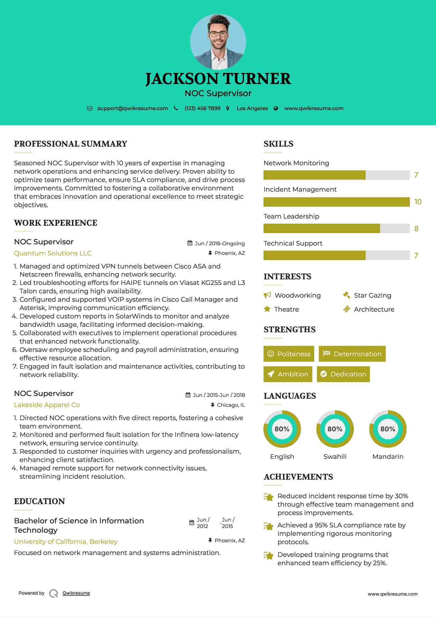 NOC Supervisor Resume Example
