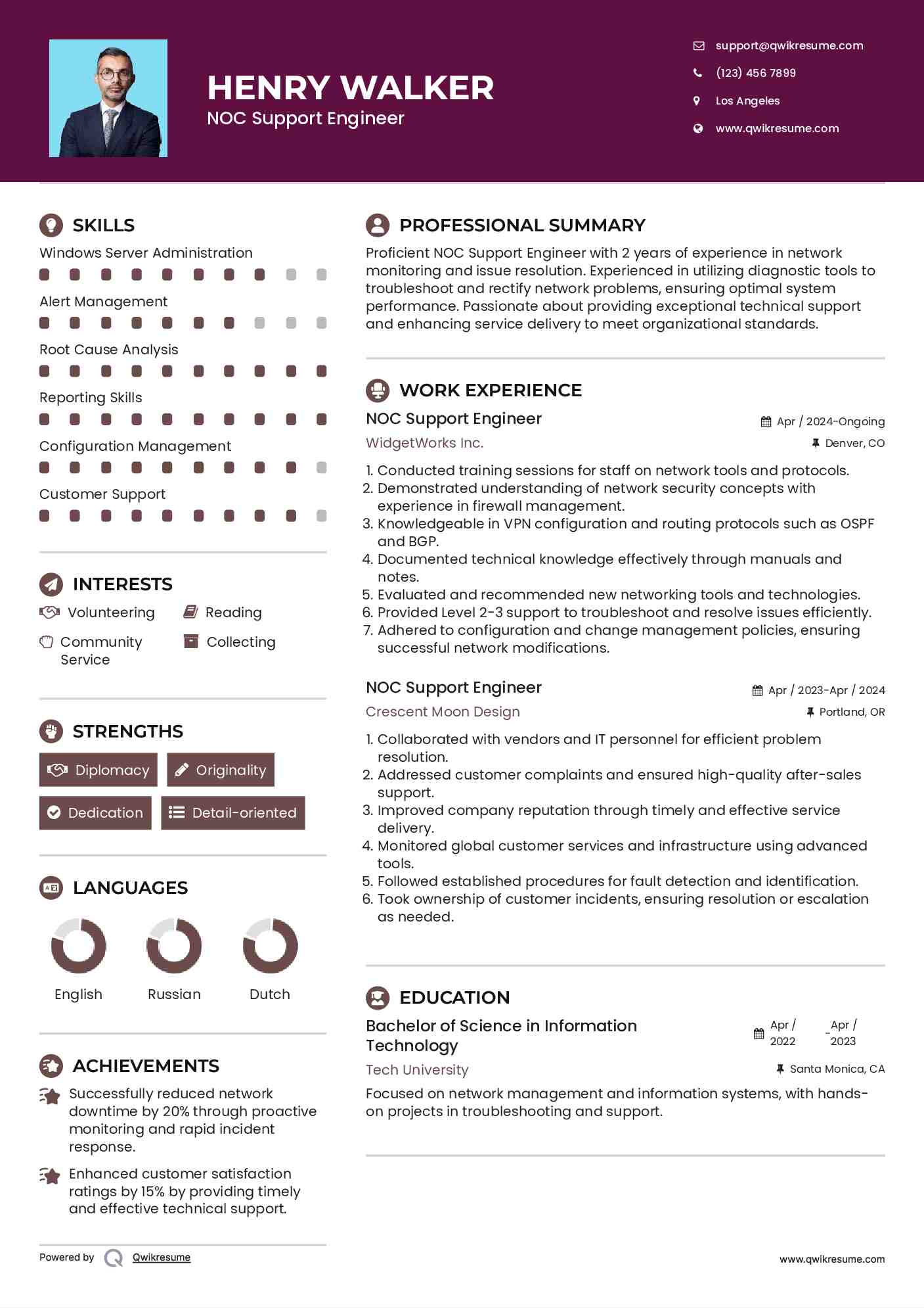 NOC Support Engineer Resume Model