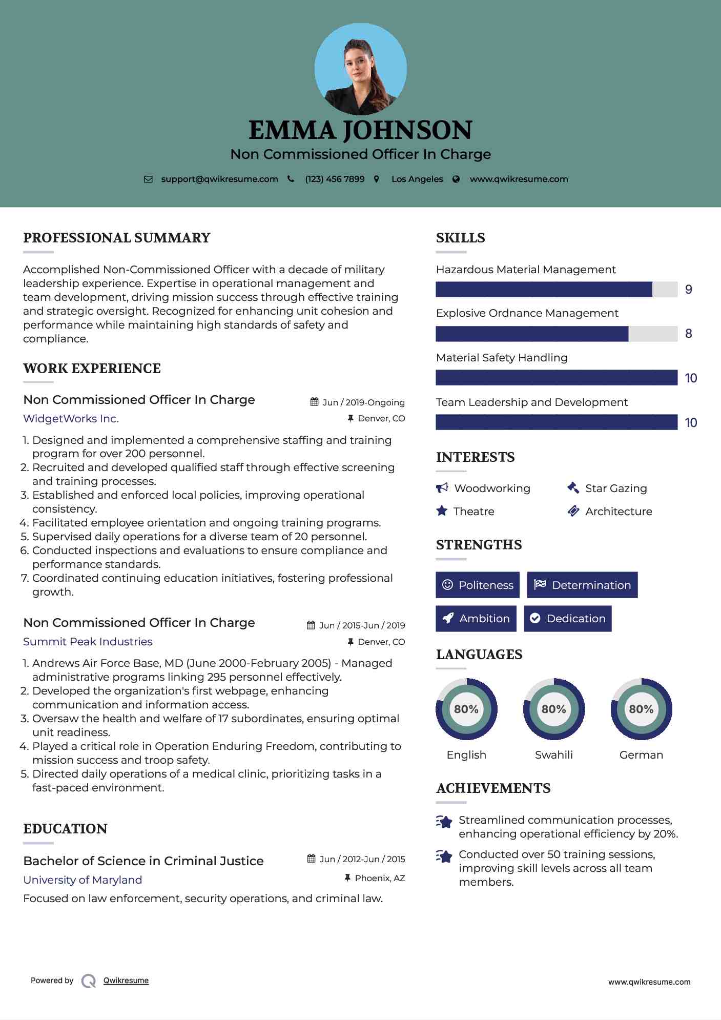 Non Commissioned Officer In Charge Resume Example