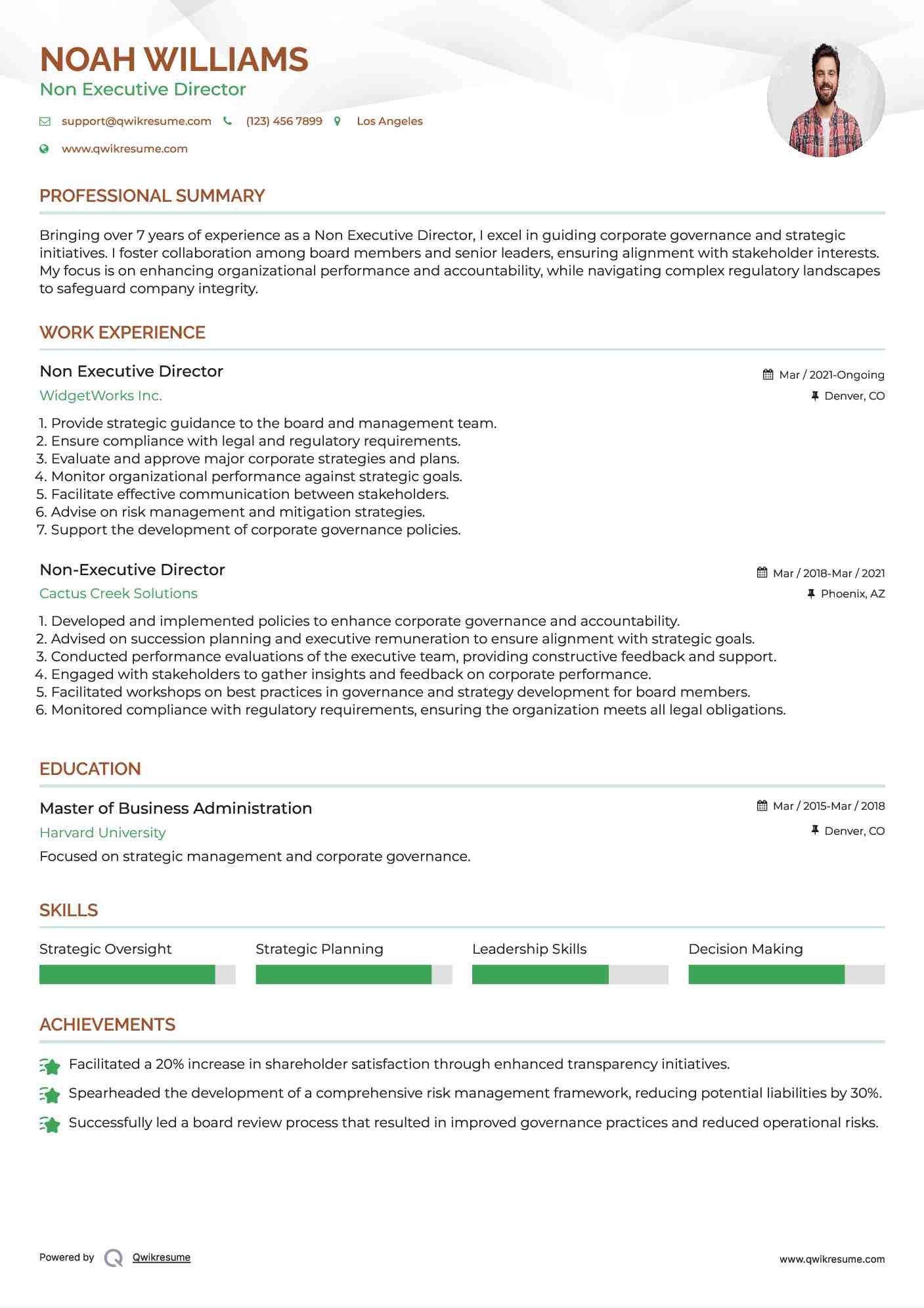 Non Executive Director Resume Model