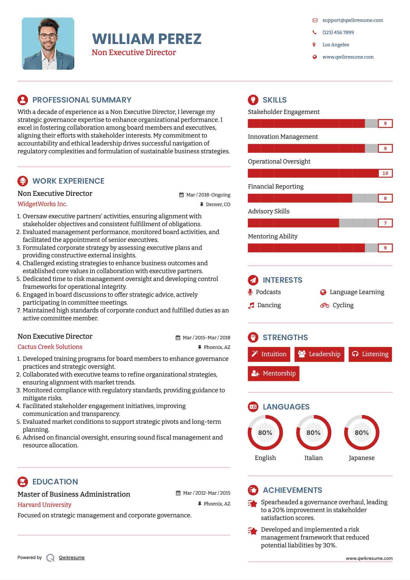 Non Executive Director Resume Example