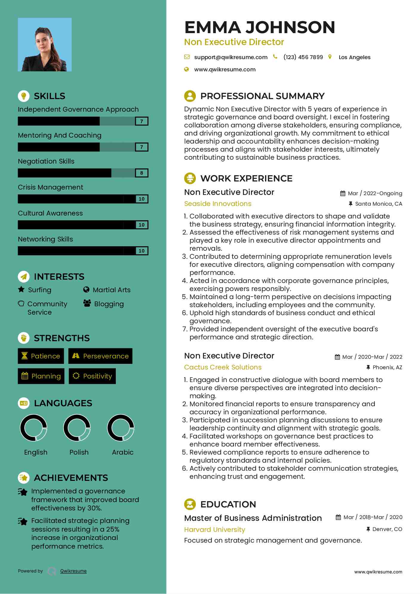 Non Executive Director Resume Sample