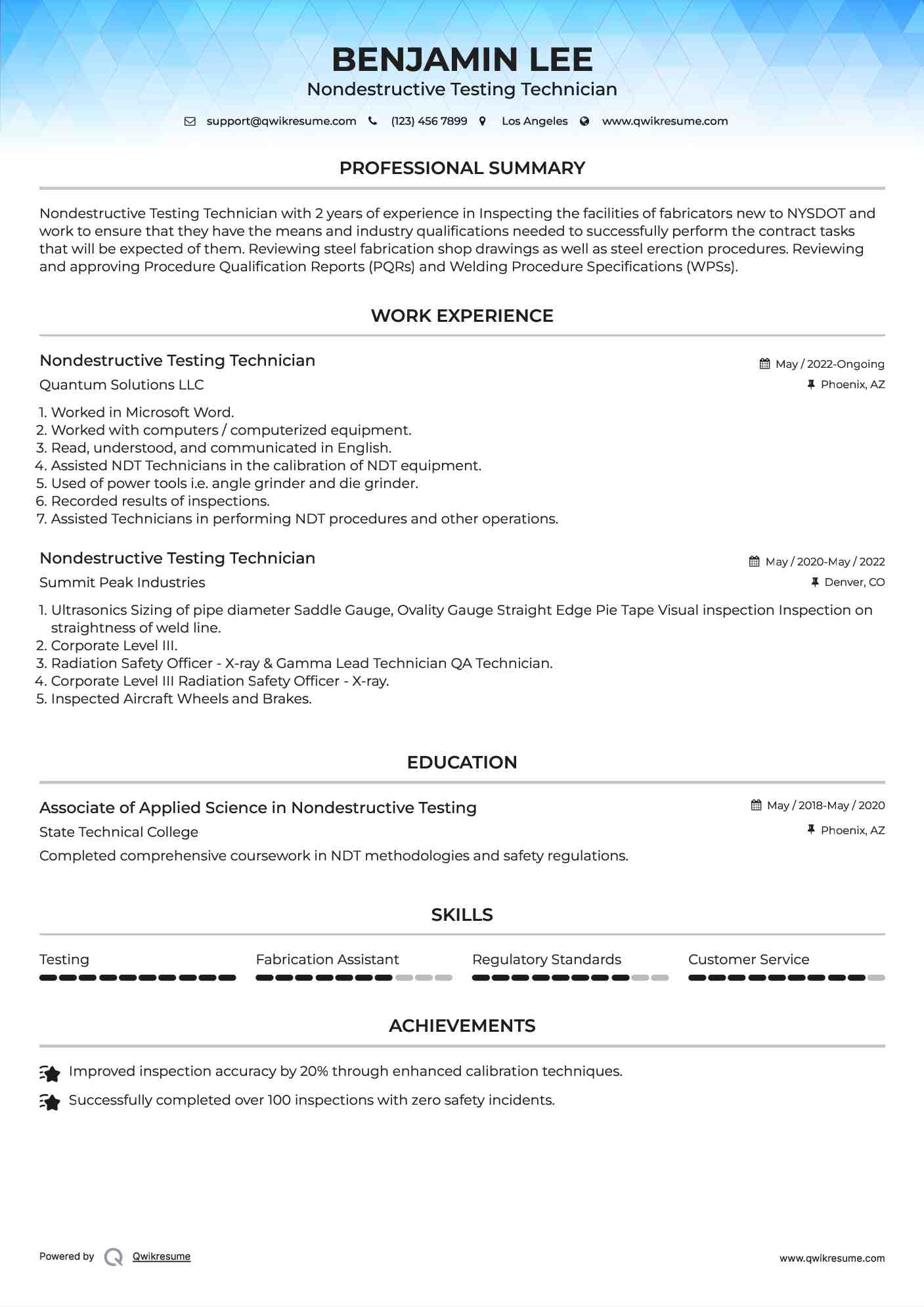 Nondestructive Testing Technician Resume Template