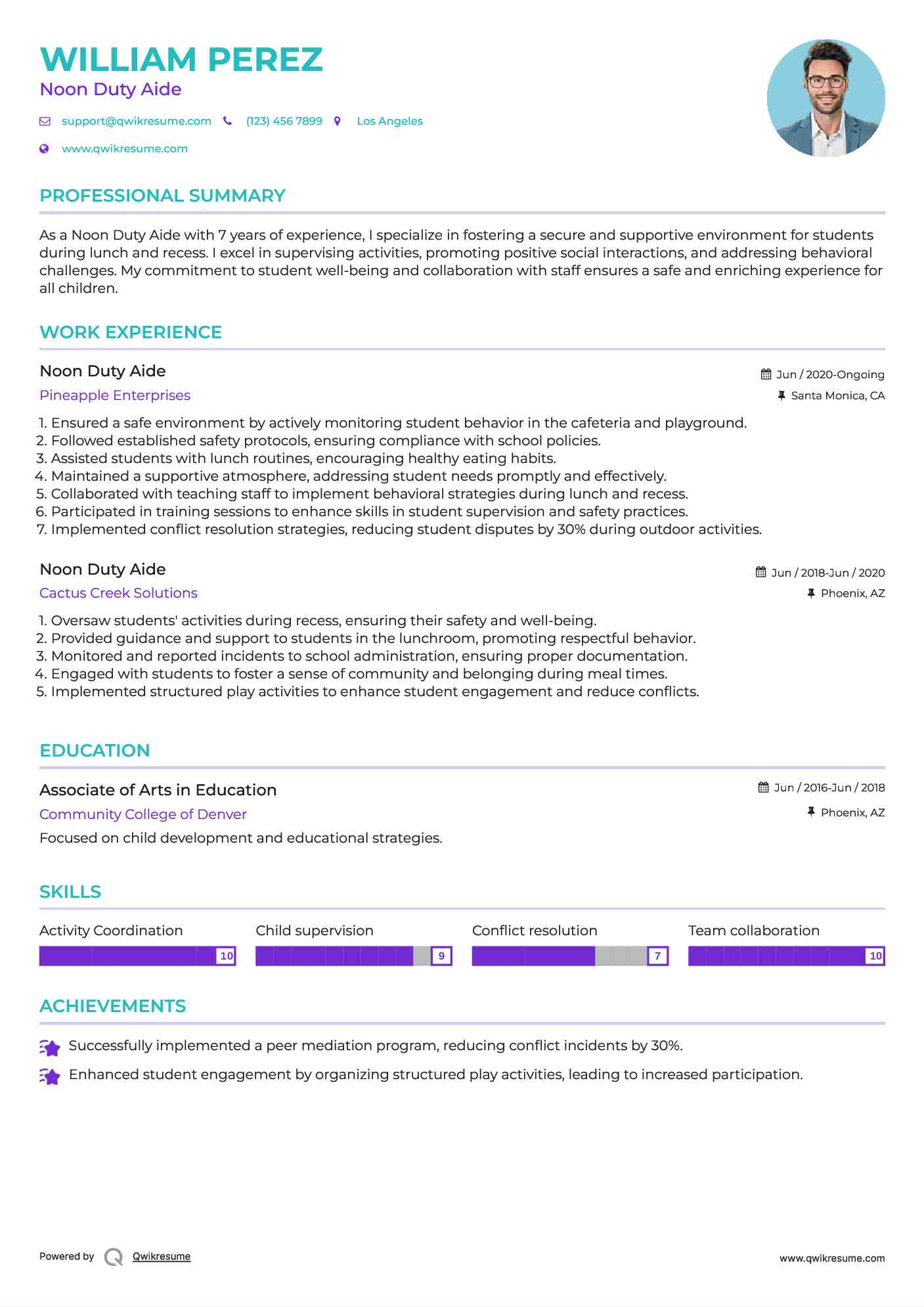 Noon Duty Aide Resume Model