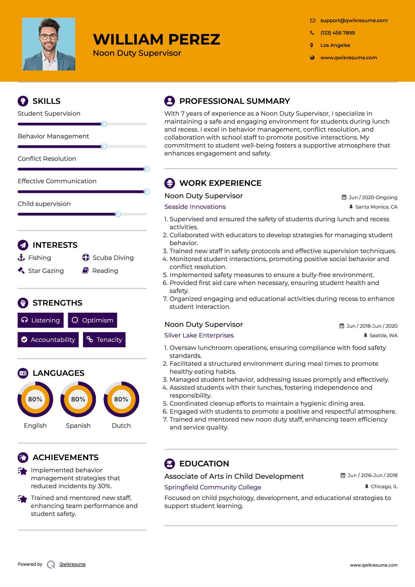 Noon Duty Supervisor Resume Model