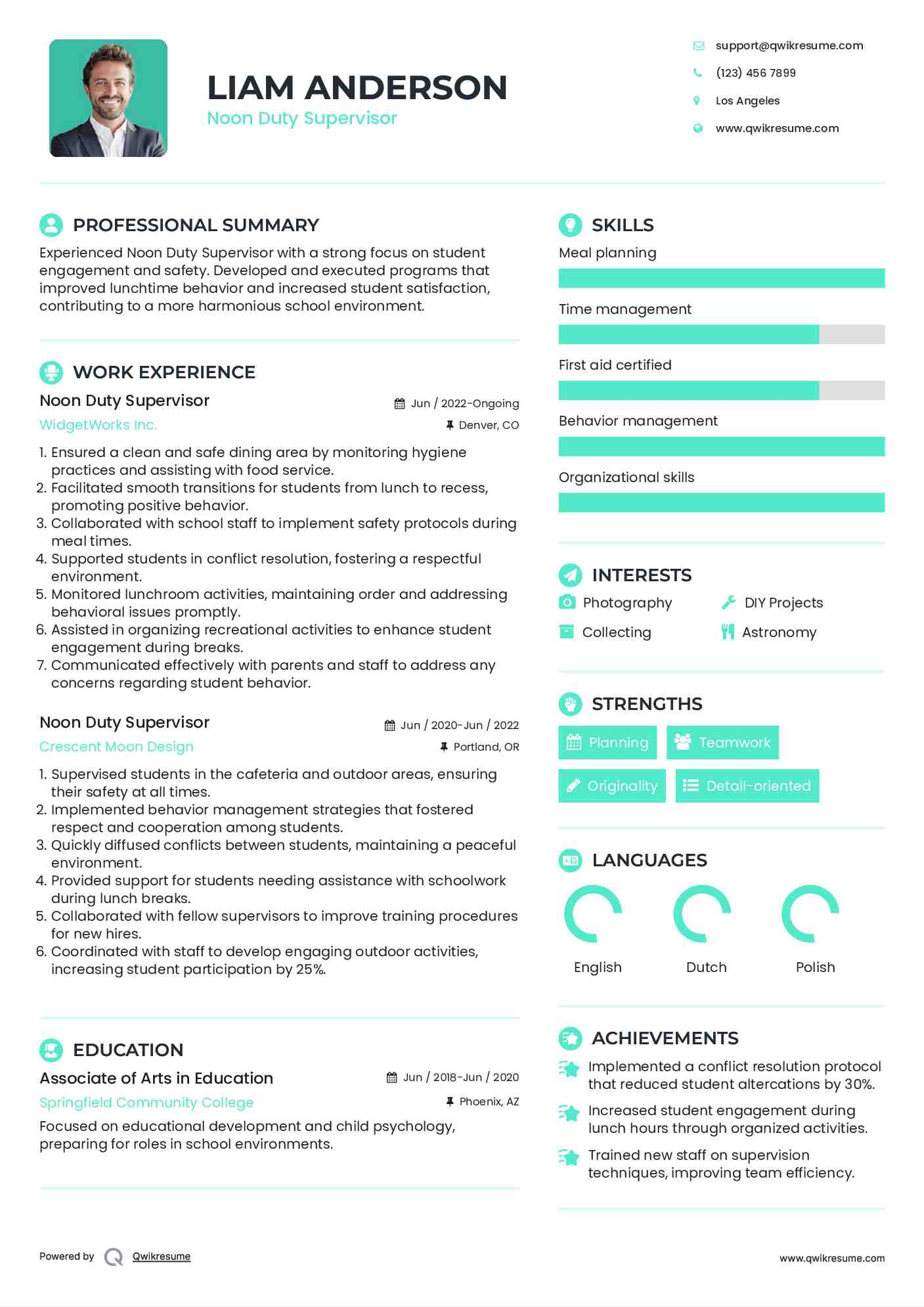 Noon Duty Supervisor Resume Template
