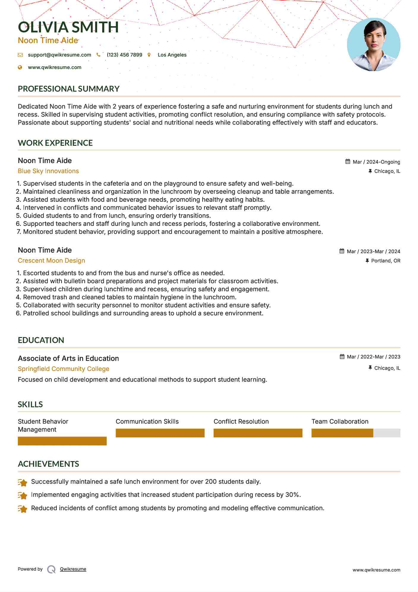 Noon Time Aide Resume Model