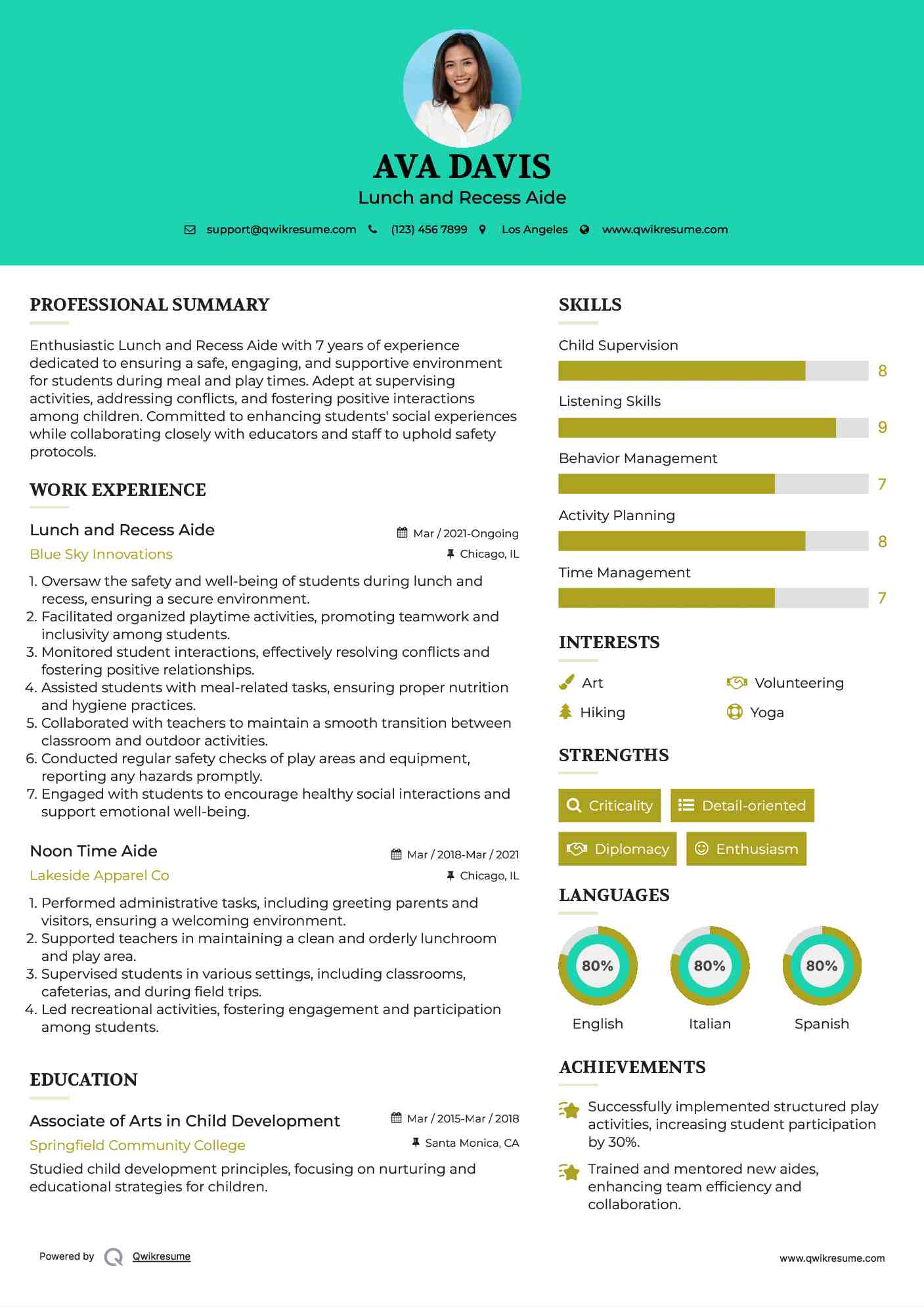 Lunch and Recess Aide
 Resume Sample