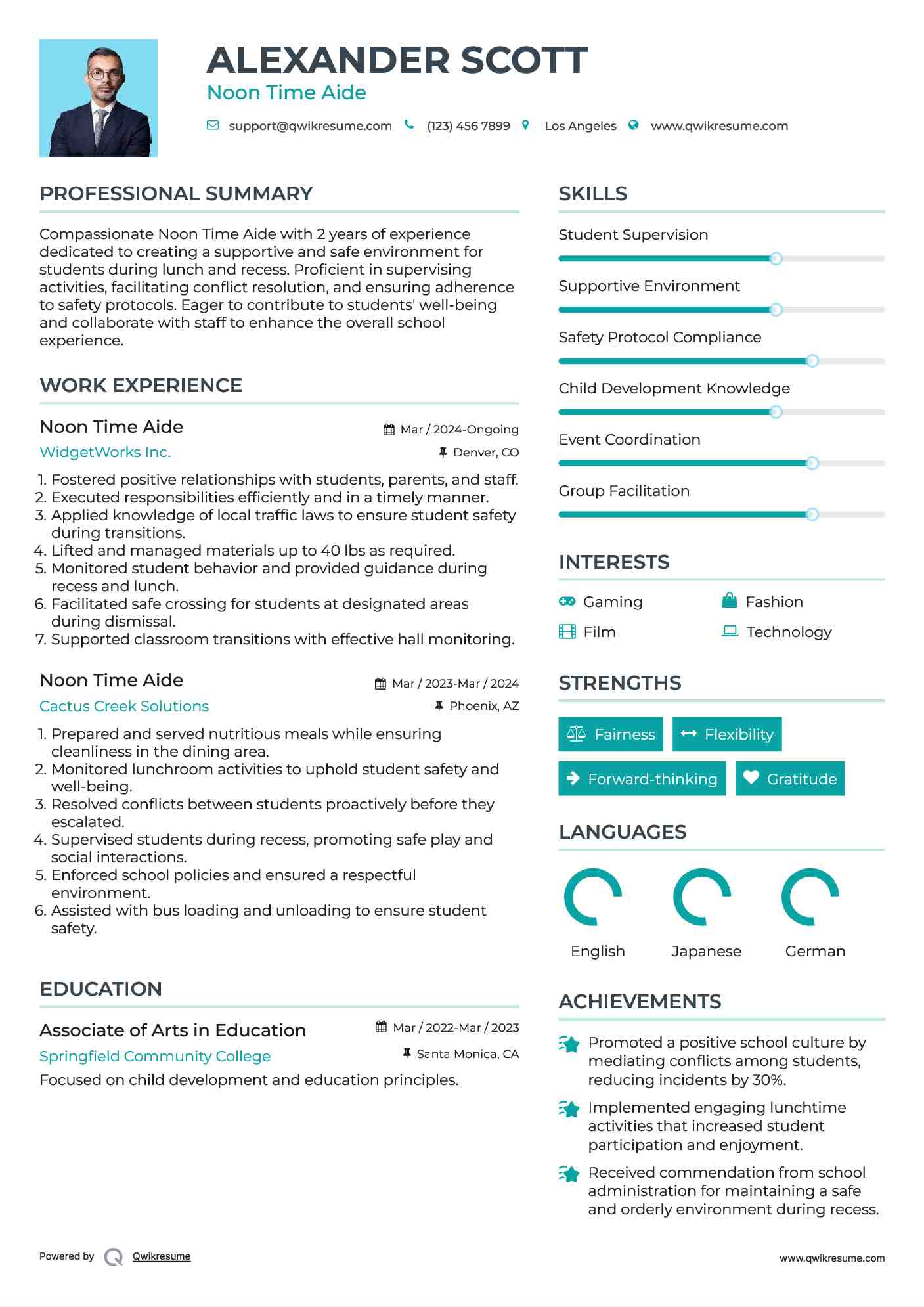 Noon Time Aide Resume Model