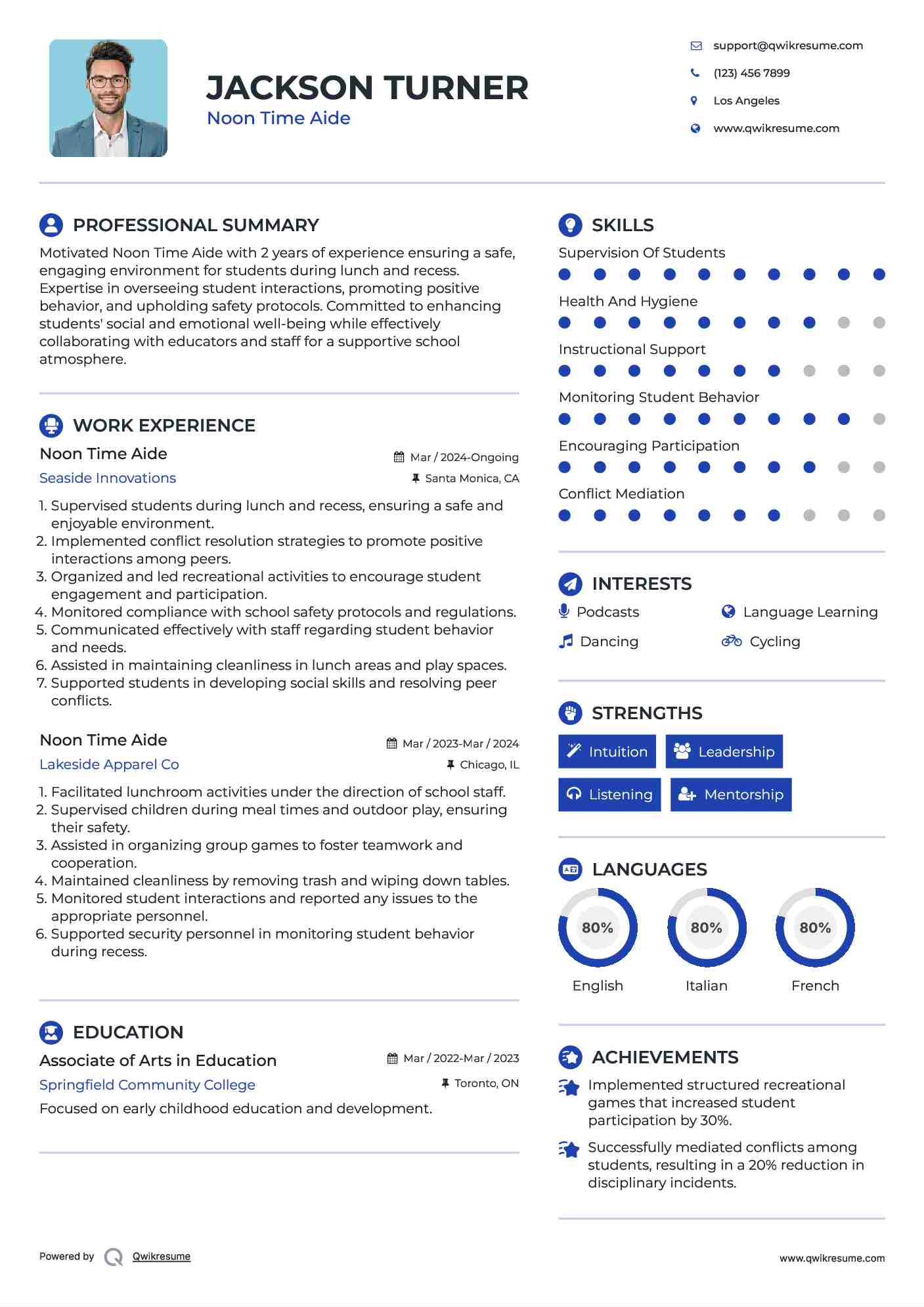 Noon Time Aide Resume Format