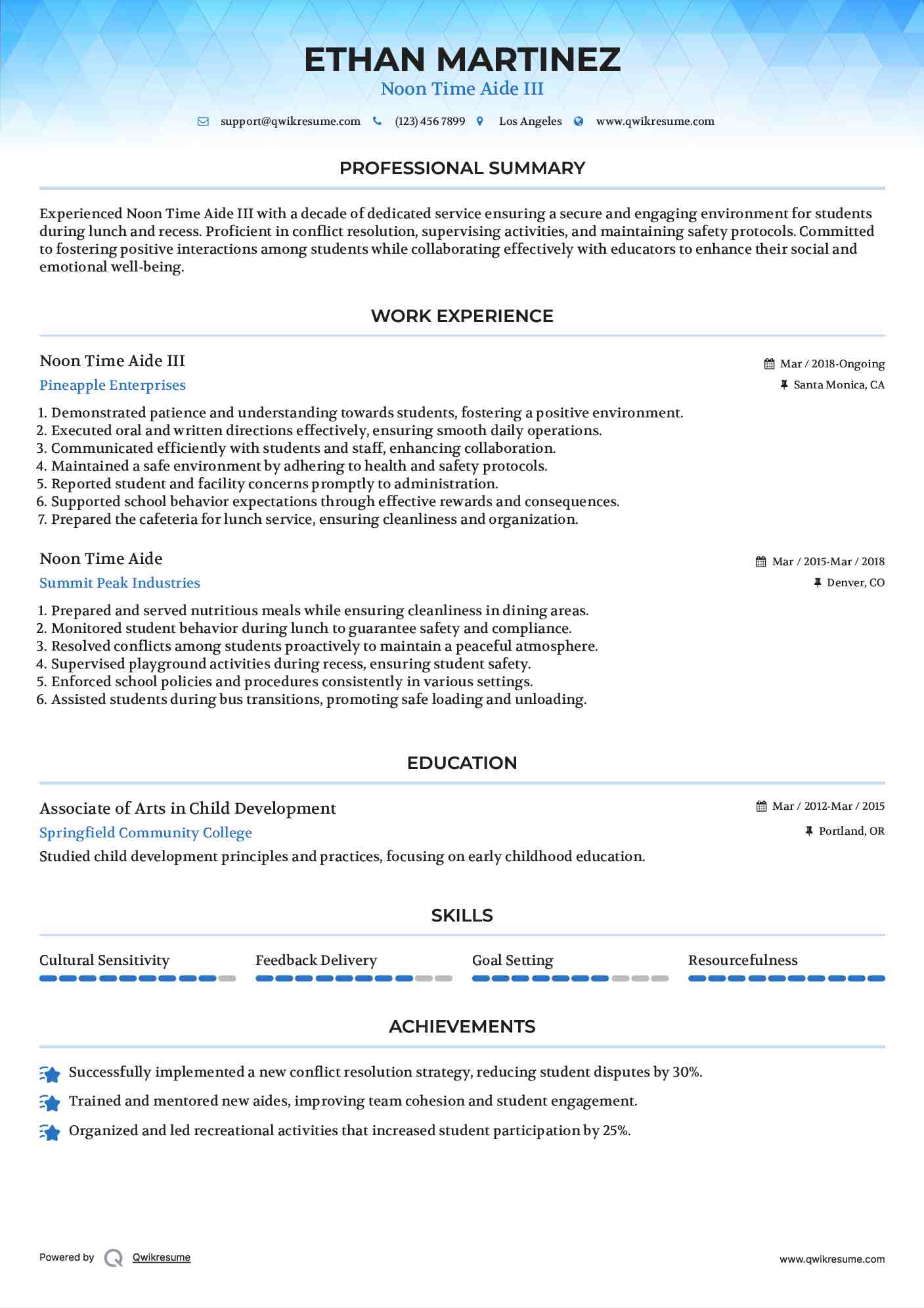 Noon Time Aide III Resume Template