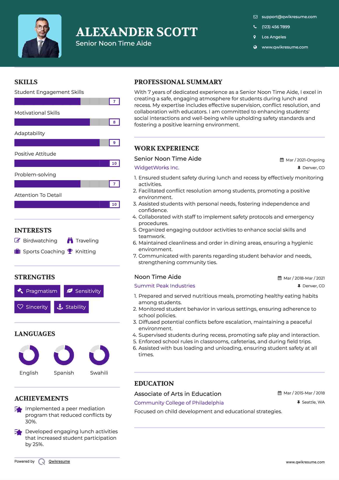 Senior Noon Time Aide Resume Template