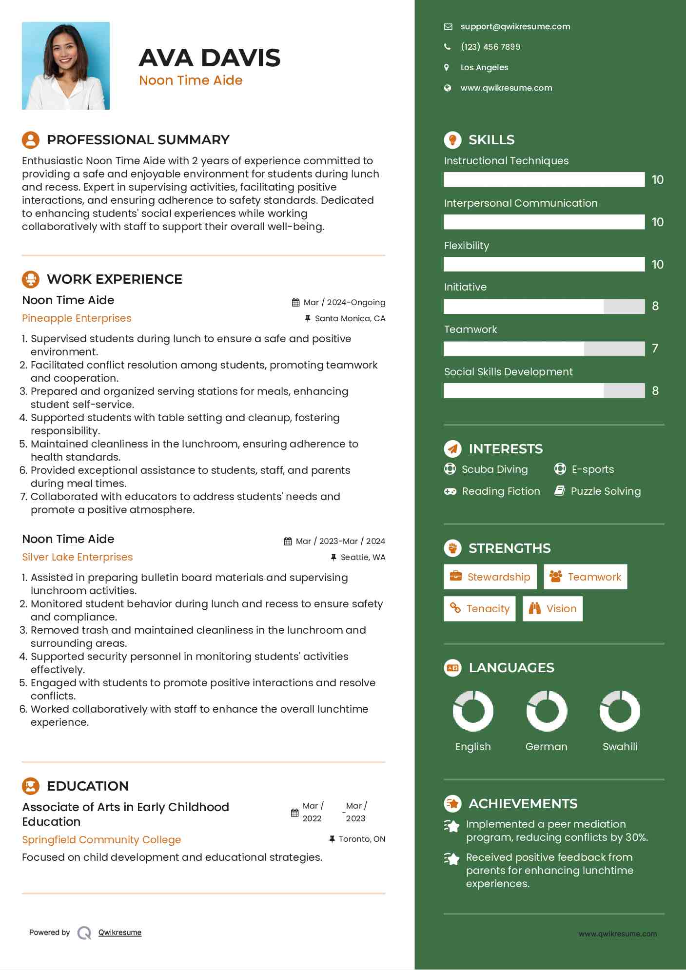Noon Time Aide Resume Template