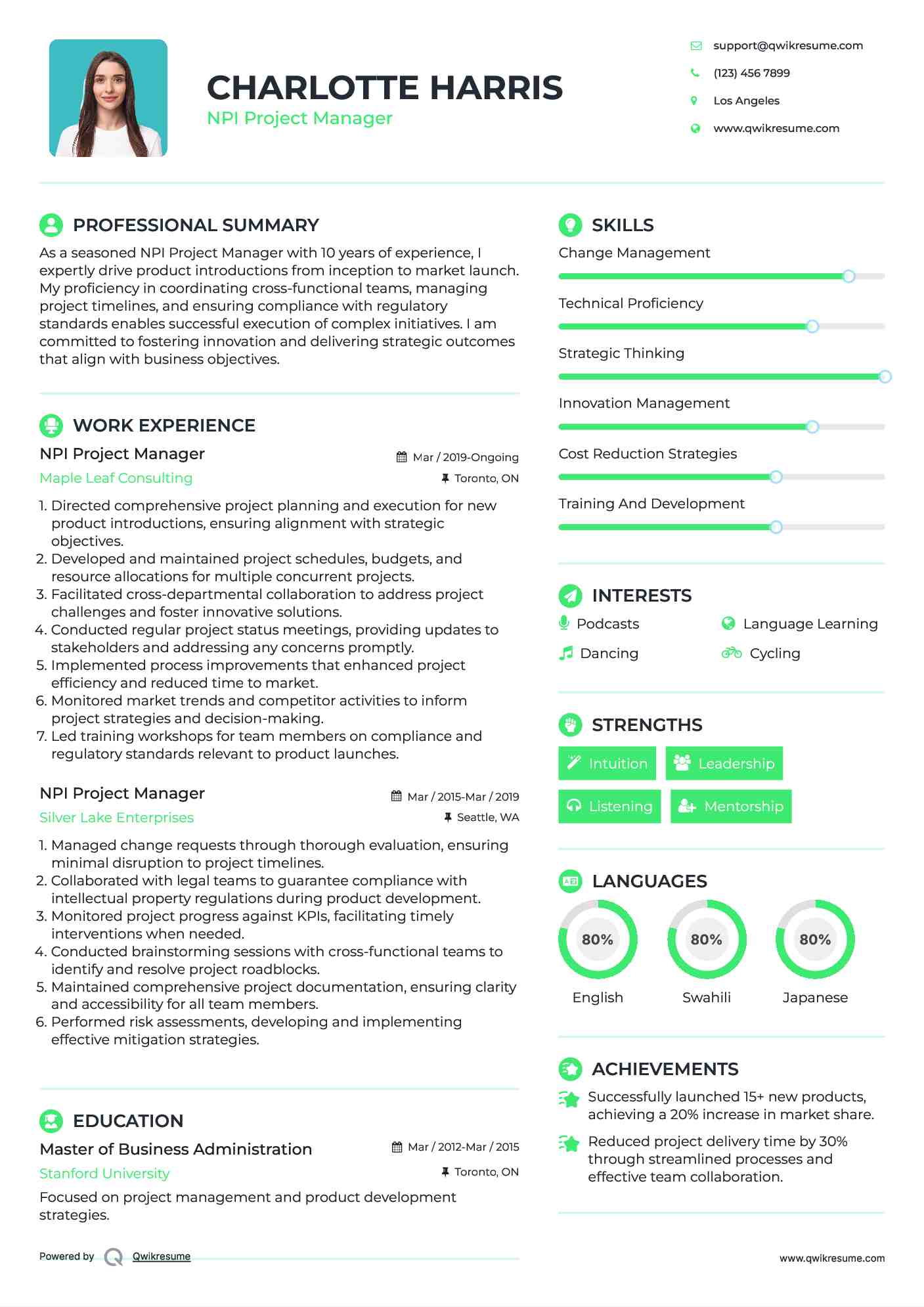 NPI Project Manager Resume Model