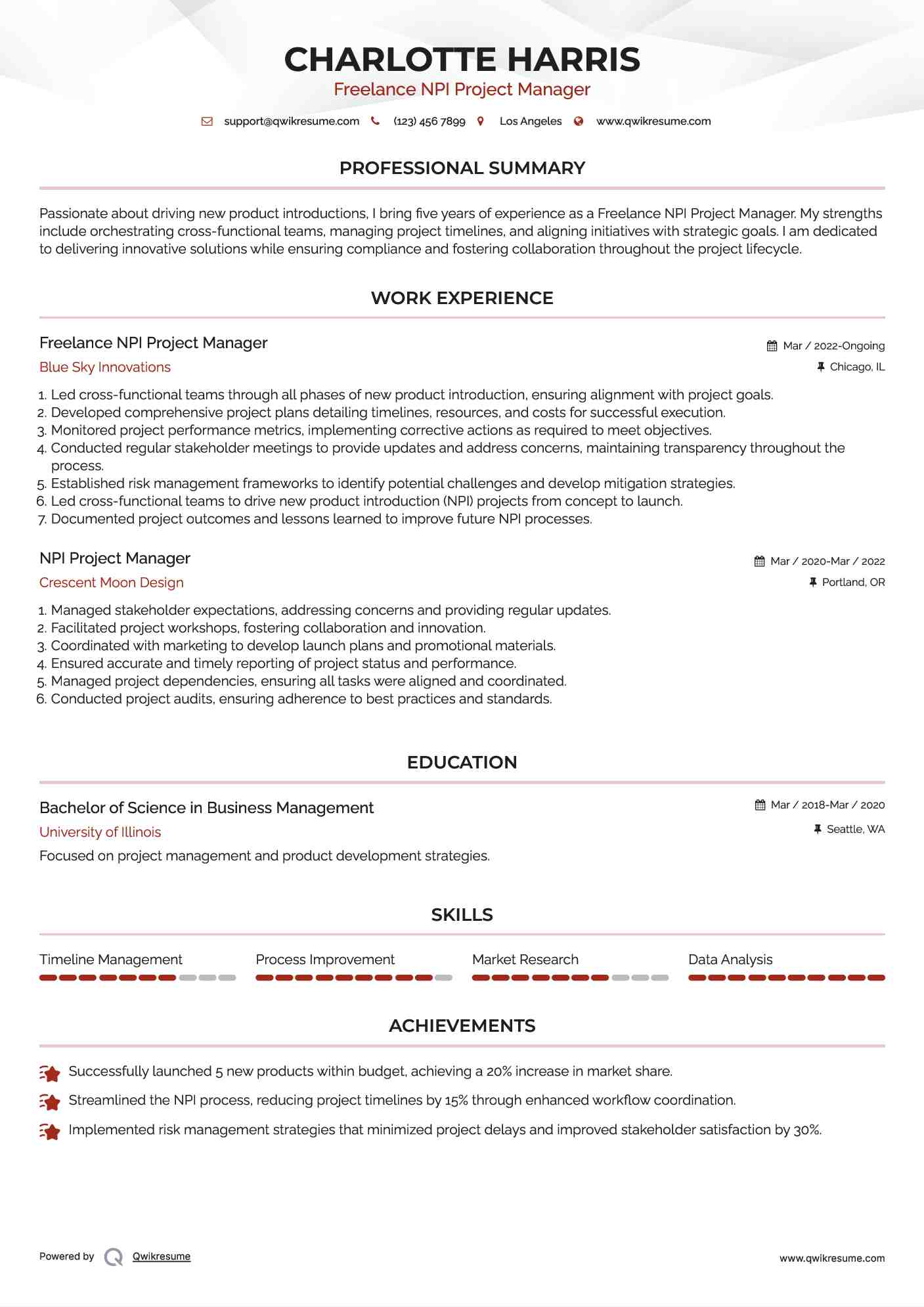 Freelance NPI Project Manager Resume Format