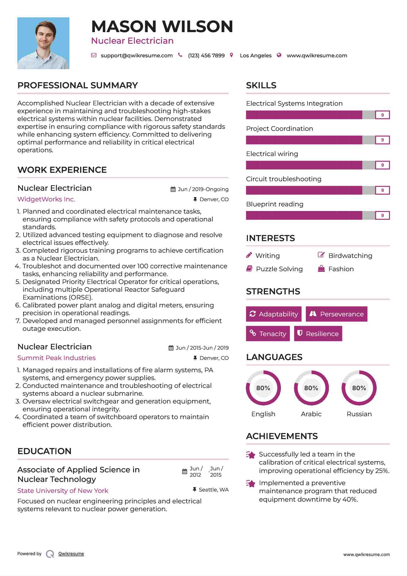 Nuclear Electrician Resume Sample