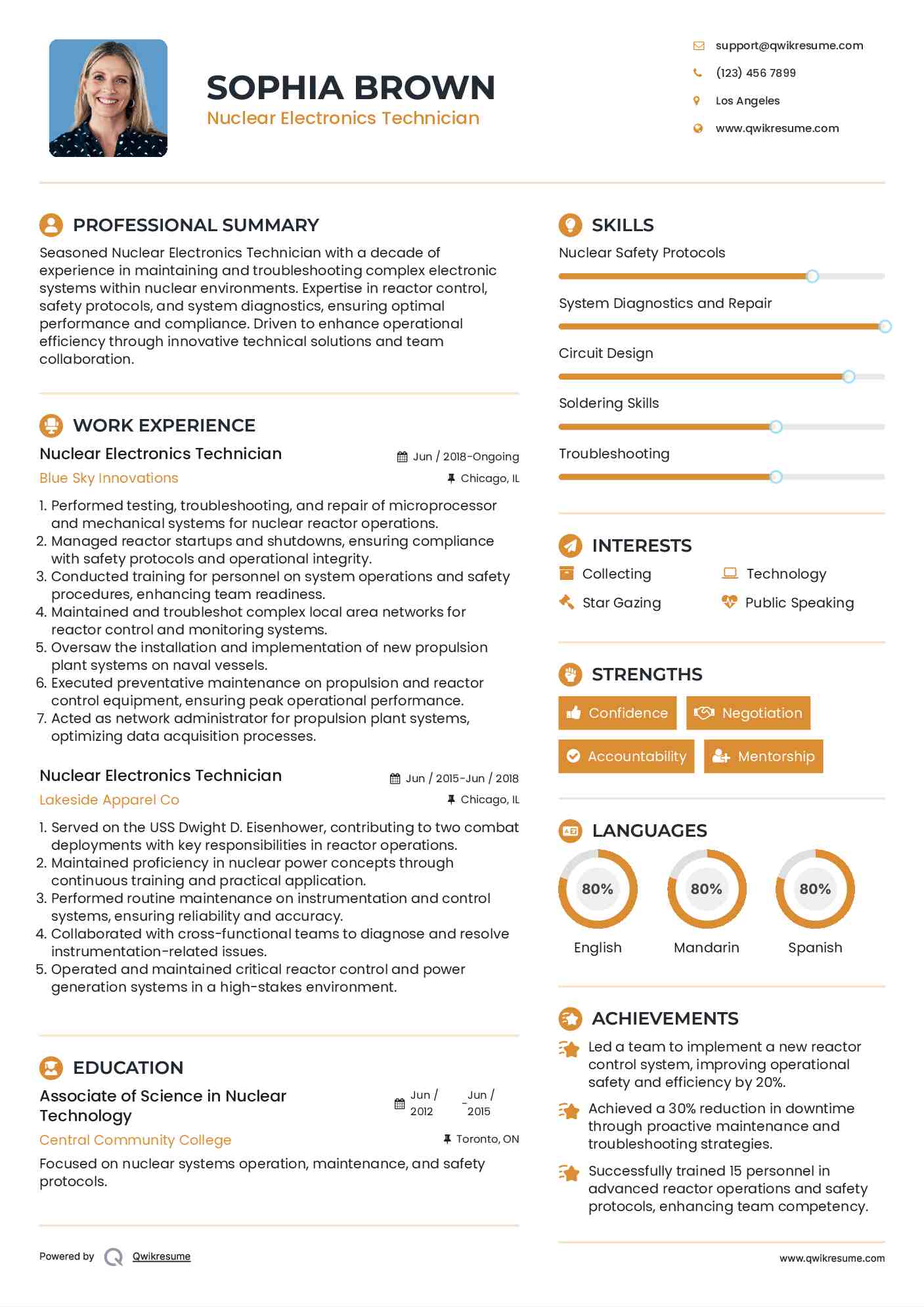 Nuclear Electronics Technician Resume Example