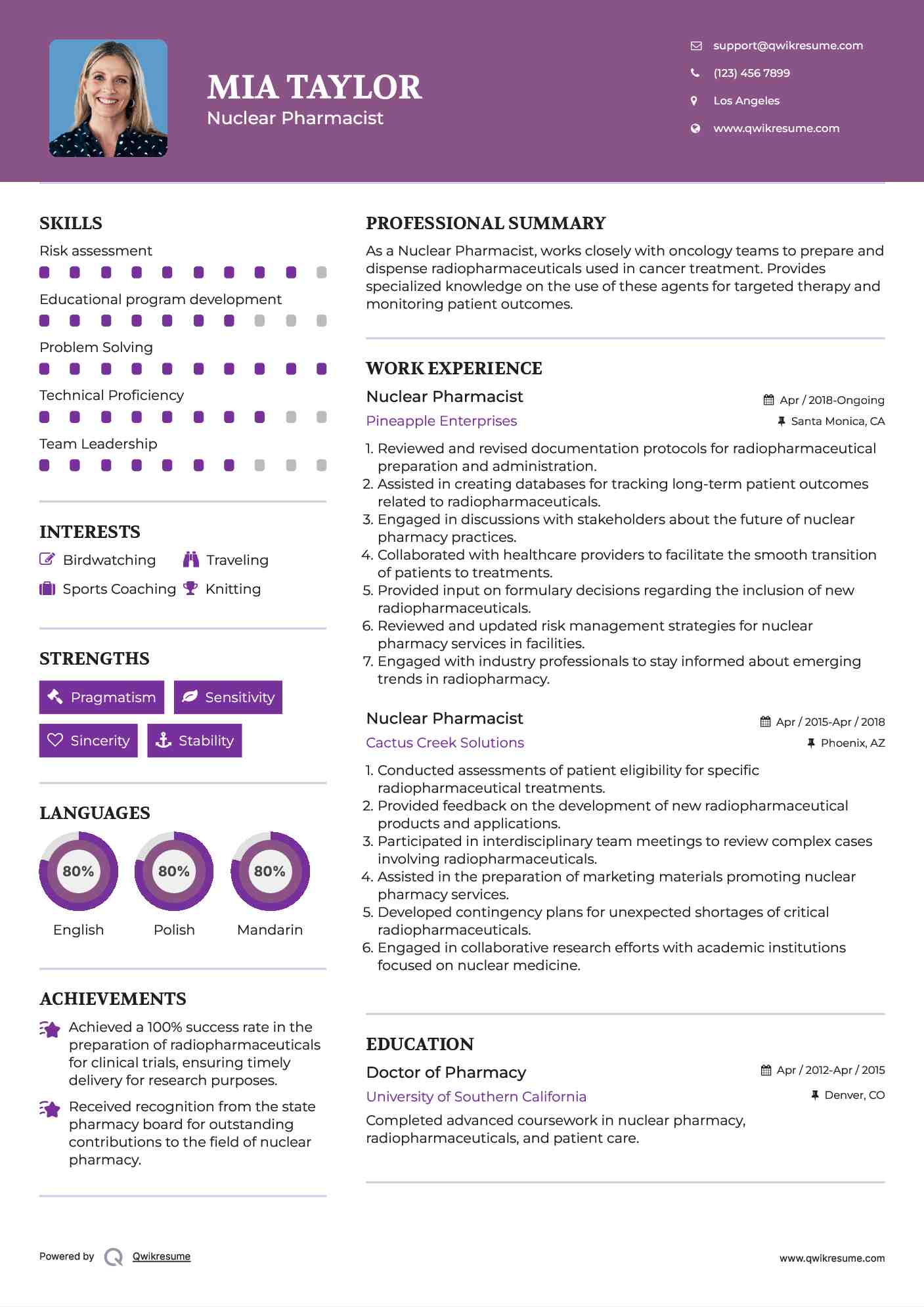 Nuclear Pharmacist Resume Example