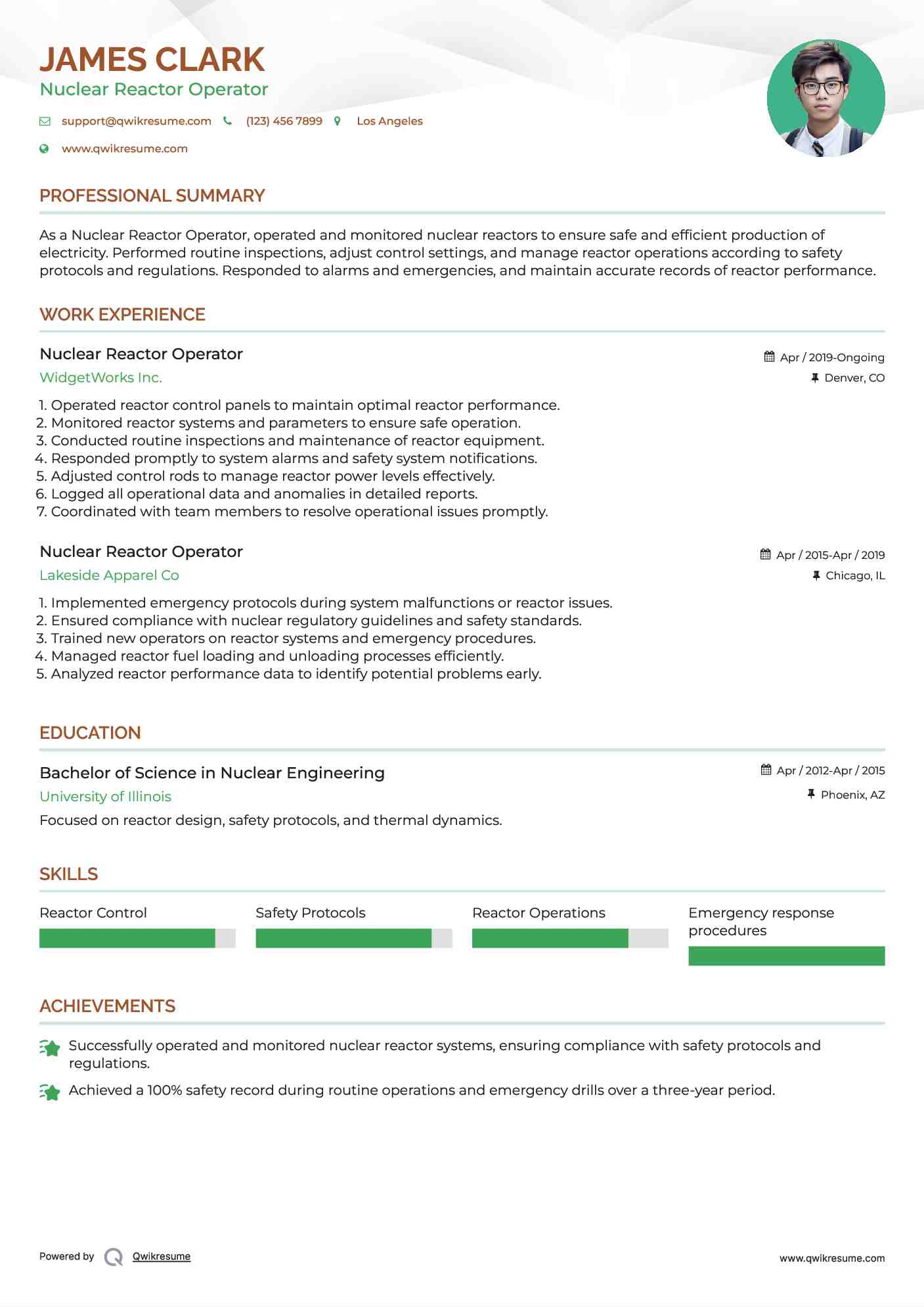 Nuclear Reactor Operator Resume Example