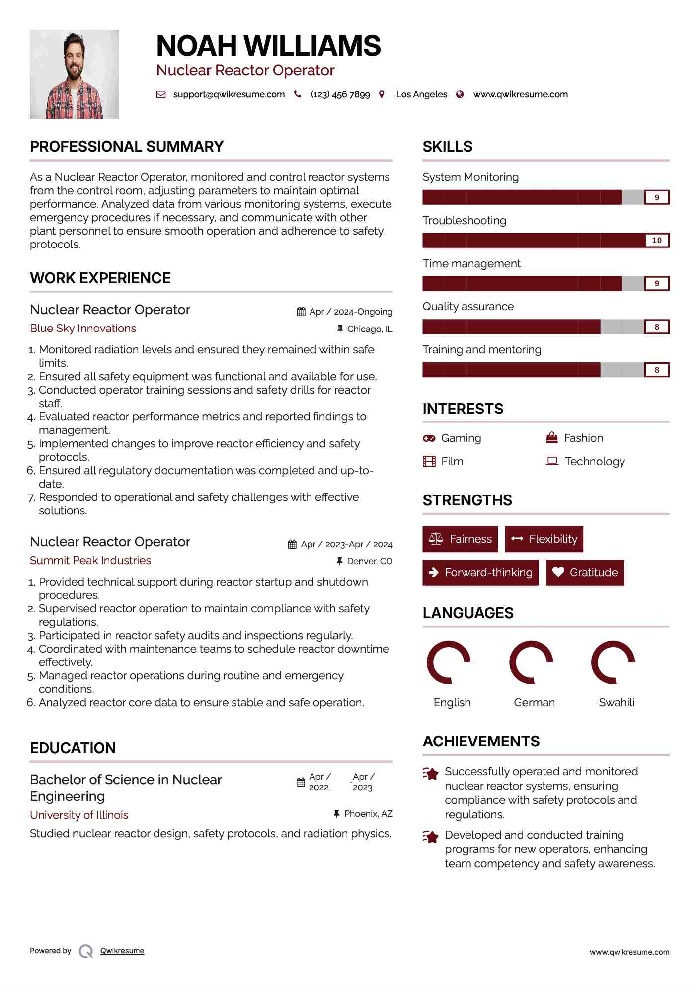 Nuclear Reactor Operator Resume Template