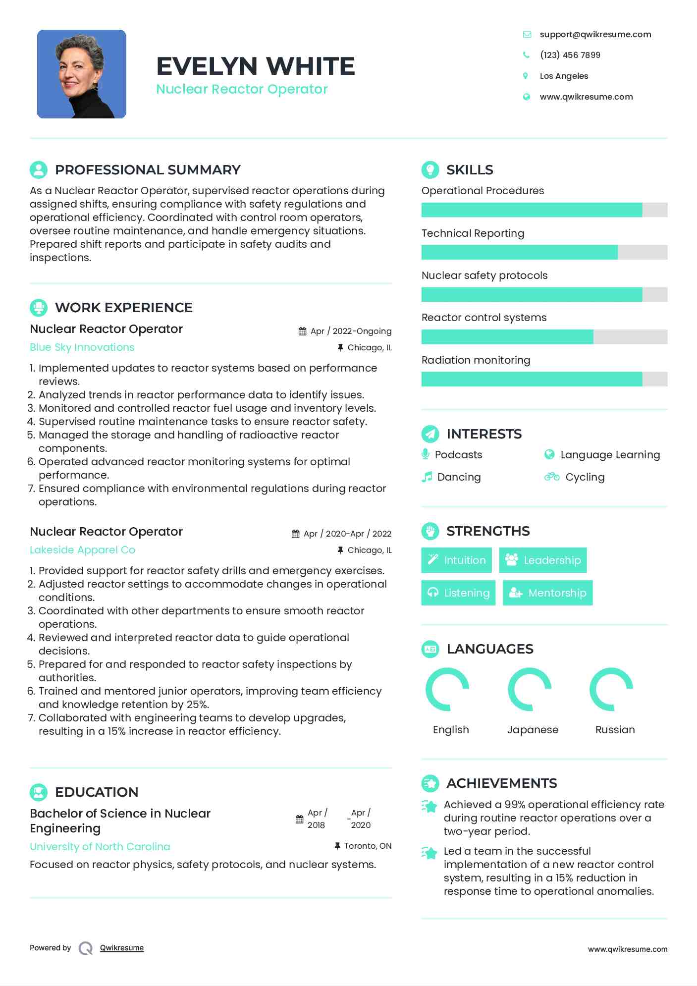 Nuclear Reactor Operator Resume Template