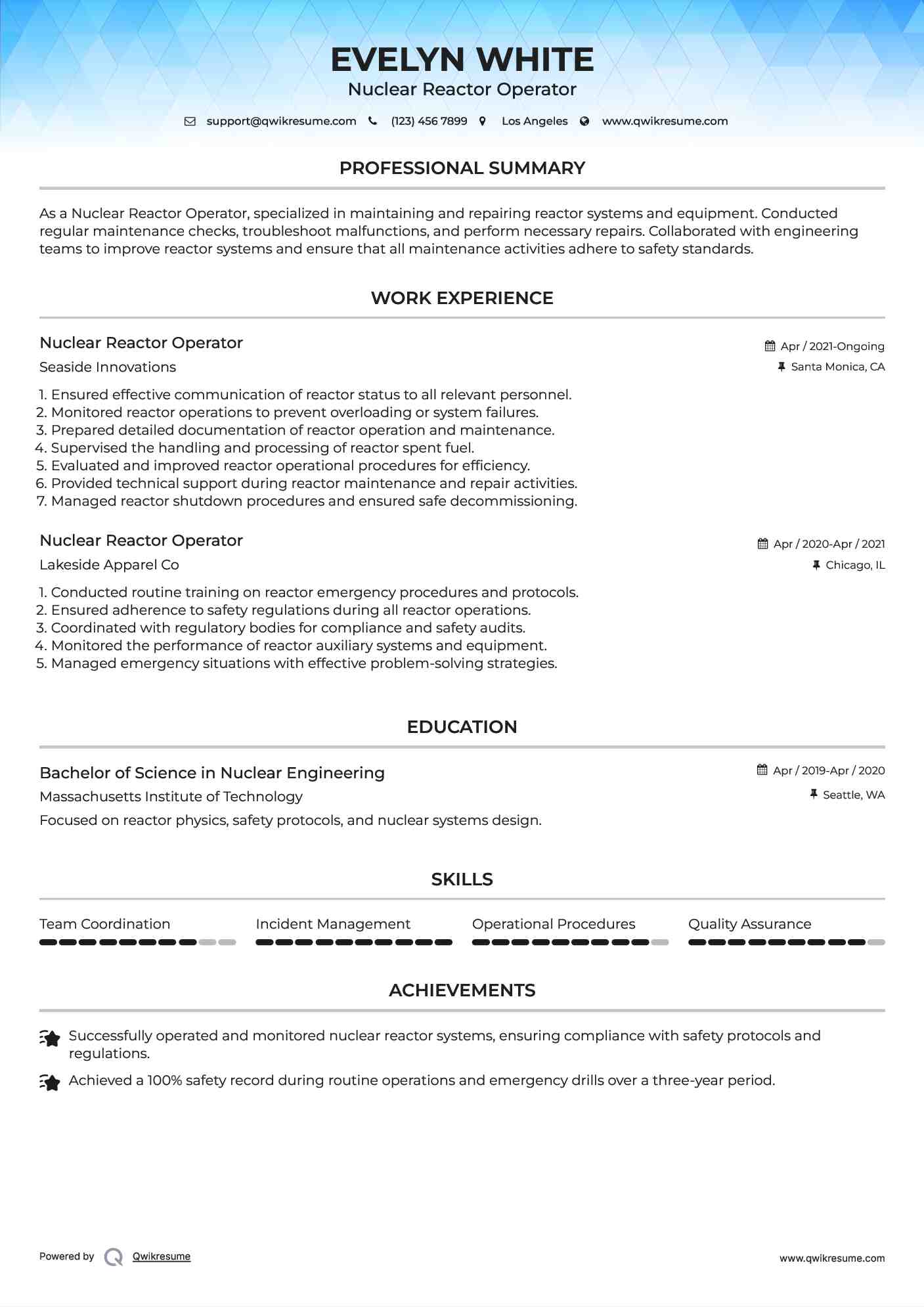 Nuclear Reactor Operator Resume Format