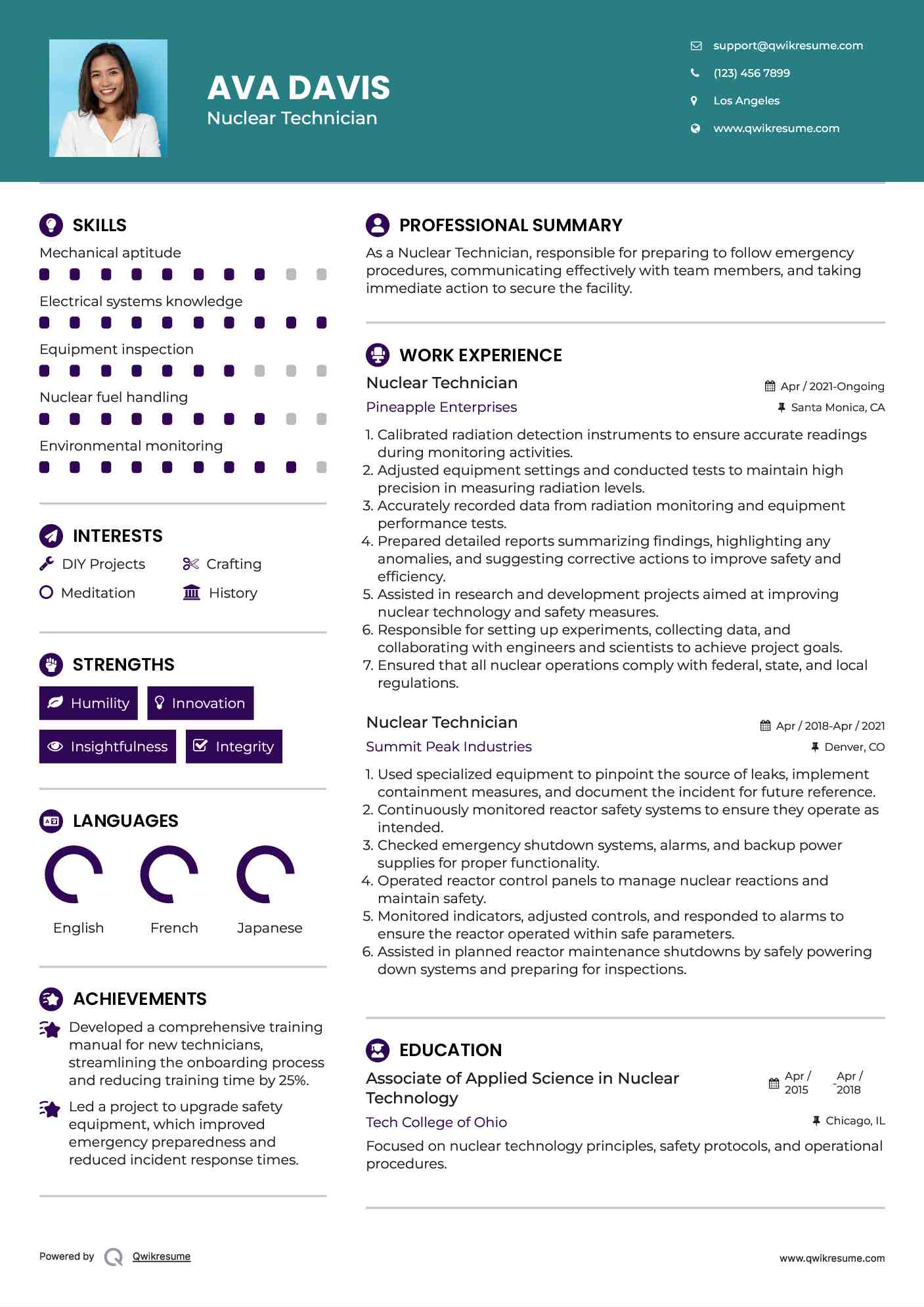 Nuclear Technician Resume Example