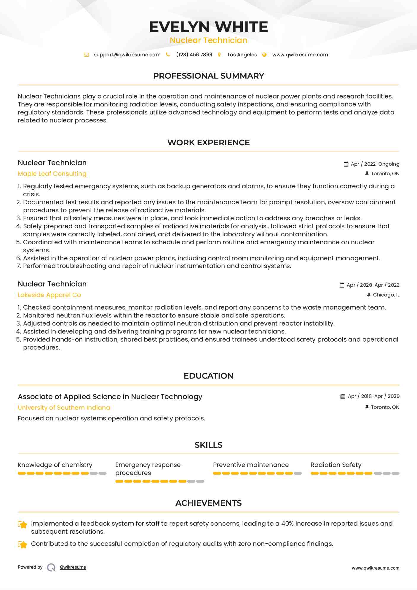 Nuclear Technician Resume Format